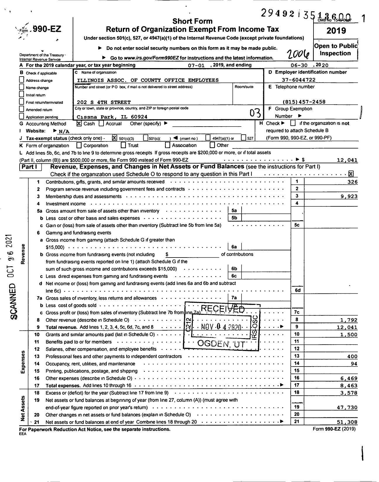 Image of first page of 2019 Form 990EZ for Illinois Association of County Office Employees