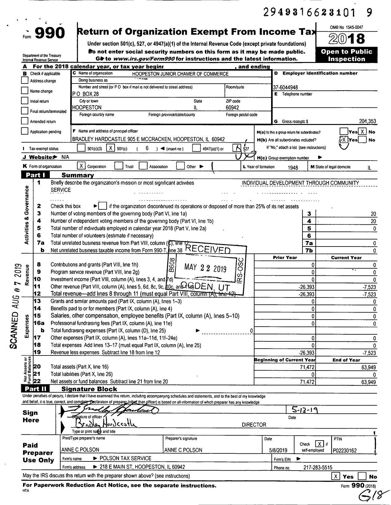 Image of first page of 2018 Form 990O for Hoopeston Junior Chamber of Commerce