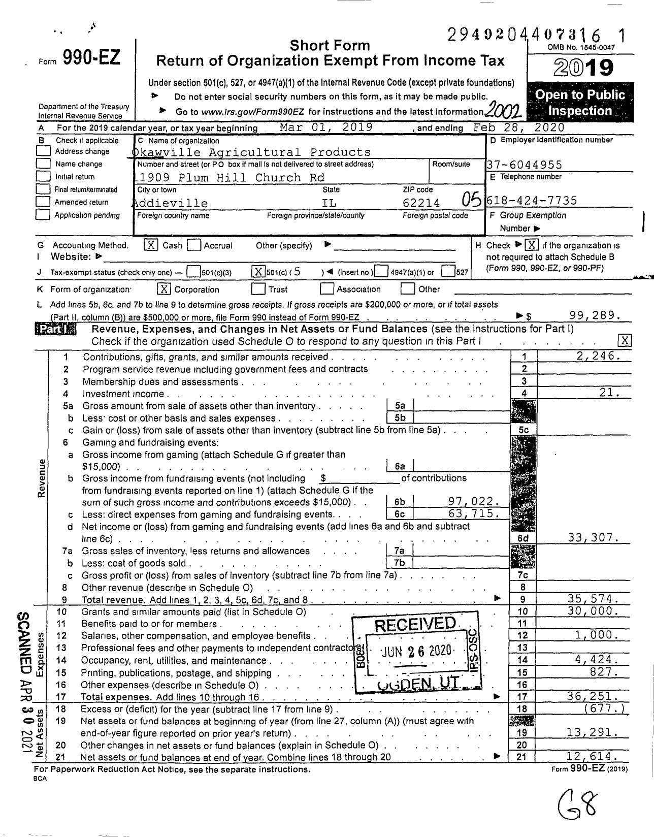 Image of first page of 2019 Form 990EO for Okawville Agricultural Products Fair Association