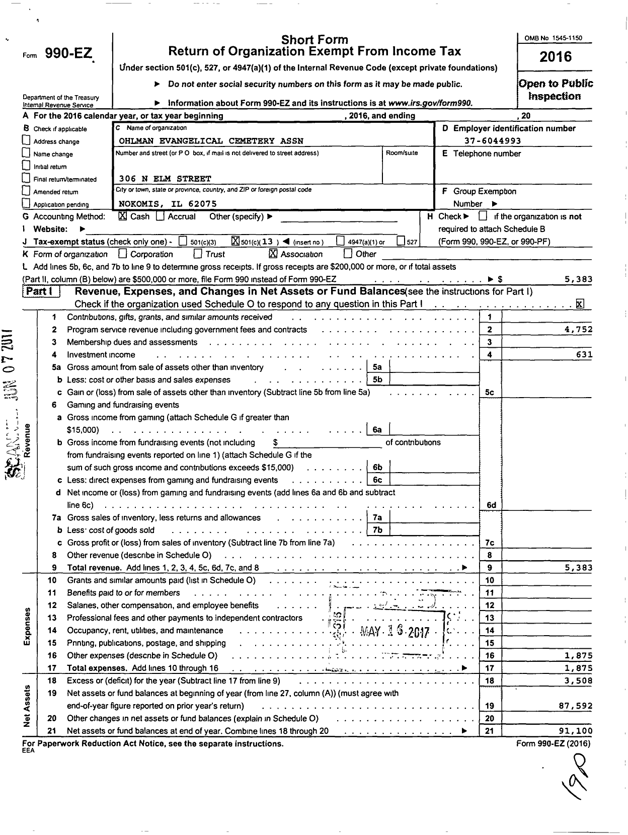 Image of first page of 2016 Form 990EO for Ohlman Evangelical Cemetery Association