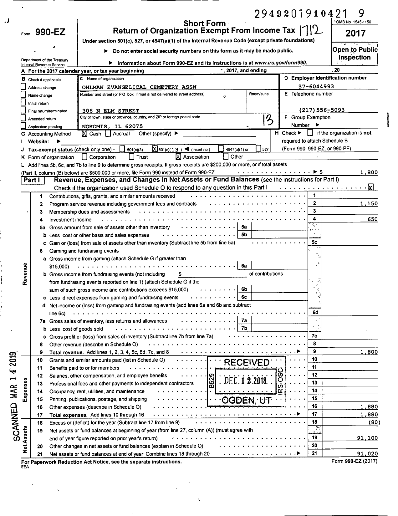 Image of first page of 2017 Form 990EO for Ohlman Evangelical Cemetery Association