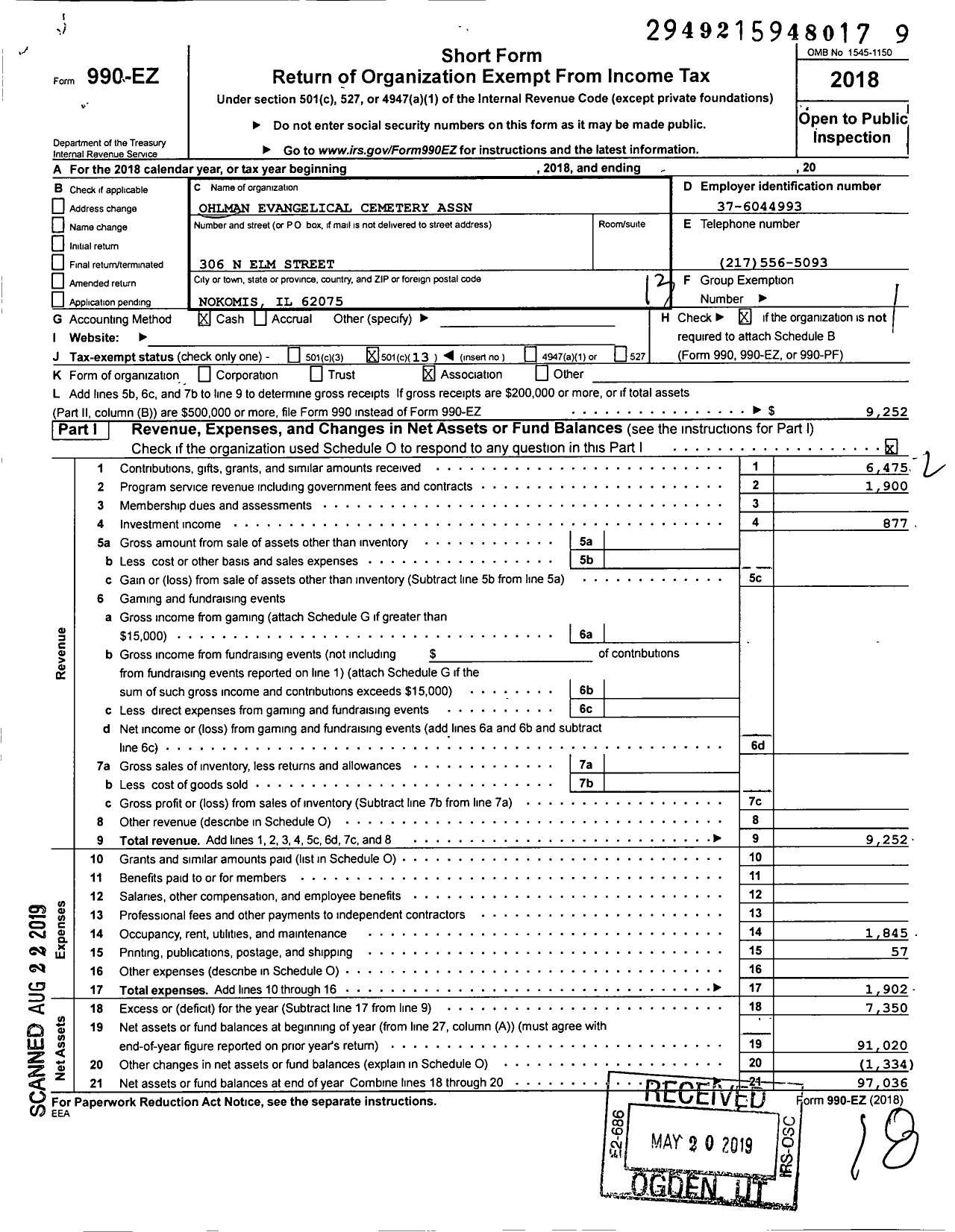 Image of first page of 2018 Form 990EO for Ohlman Evangelical Cemetery Association