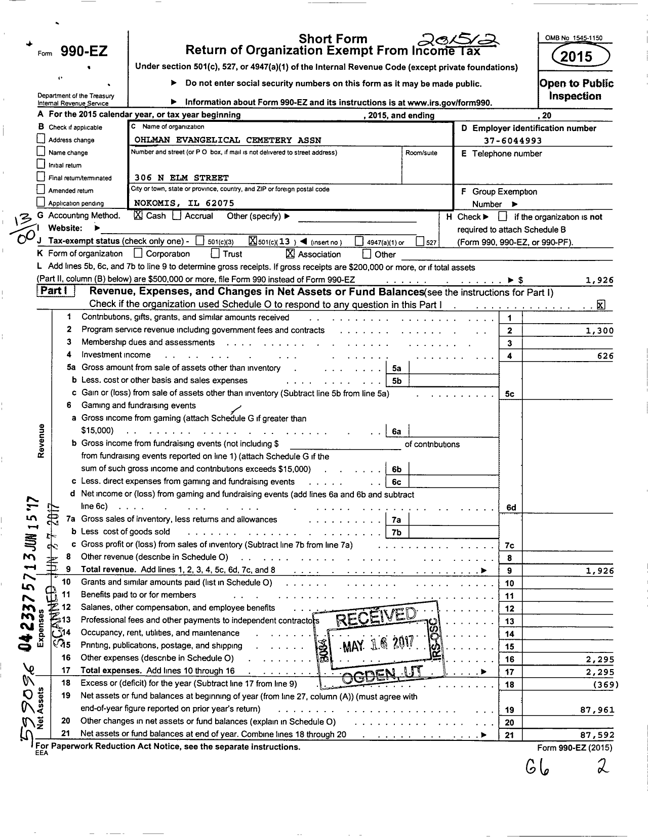 Image of first page of 2015 Form 990EO for Ohlman Evangelical Cemetery Association