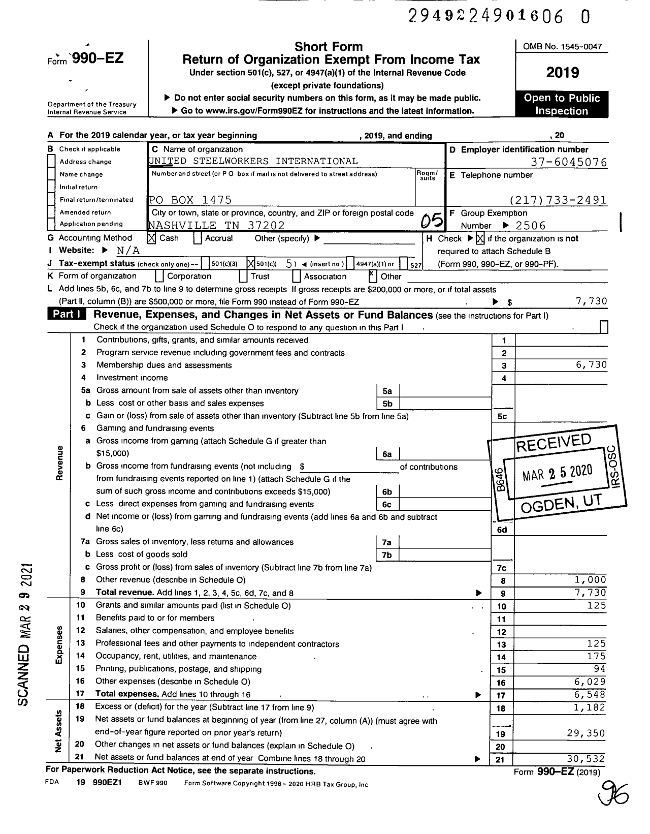 Image of first page of 2019 Form 990EO for United Steelworkers - 00975 Local