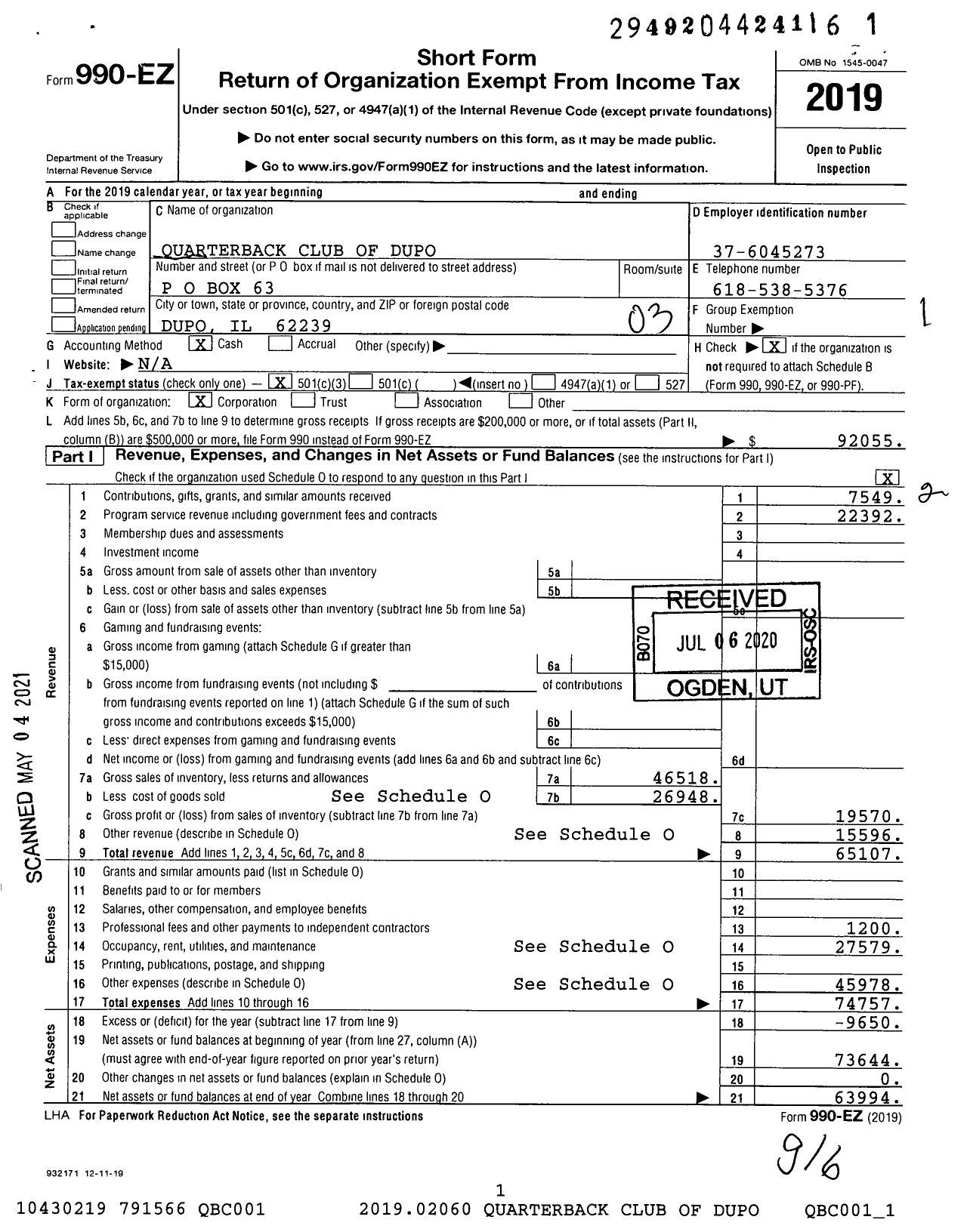 Image of first page of 2019 Form 990EZ for Quarterback Club of Dupo