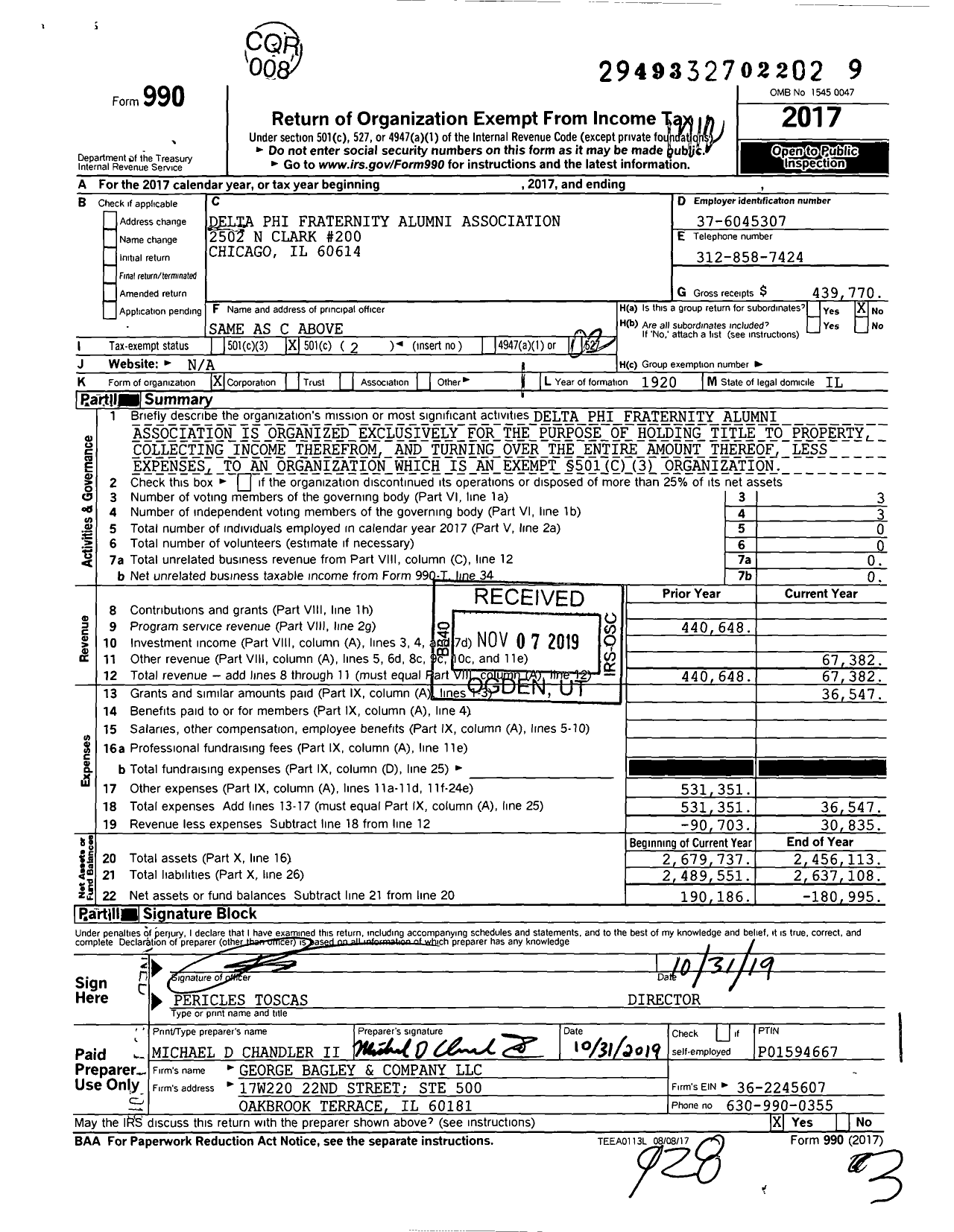 Image of first page of 2017 Form 990O for Delta Phi Fraternity Alumni Association