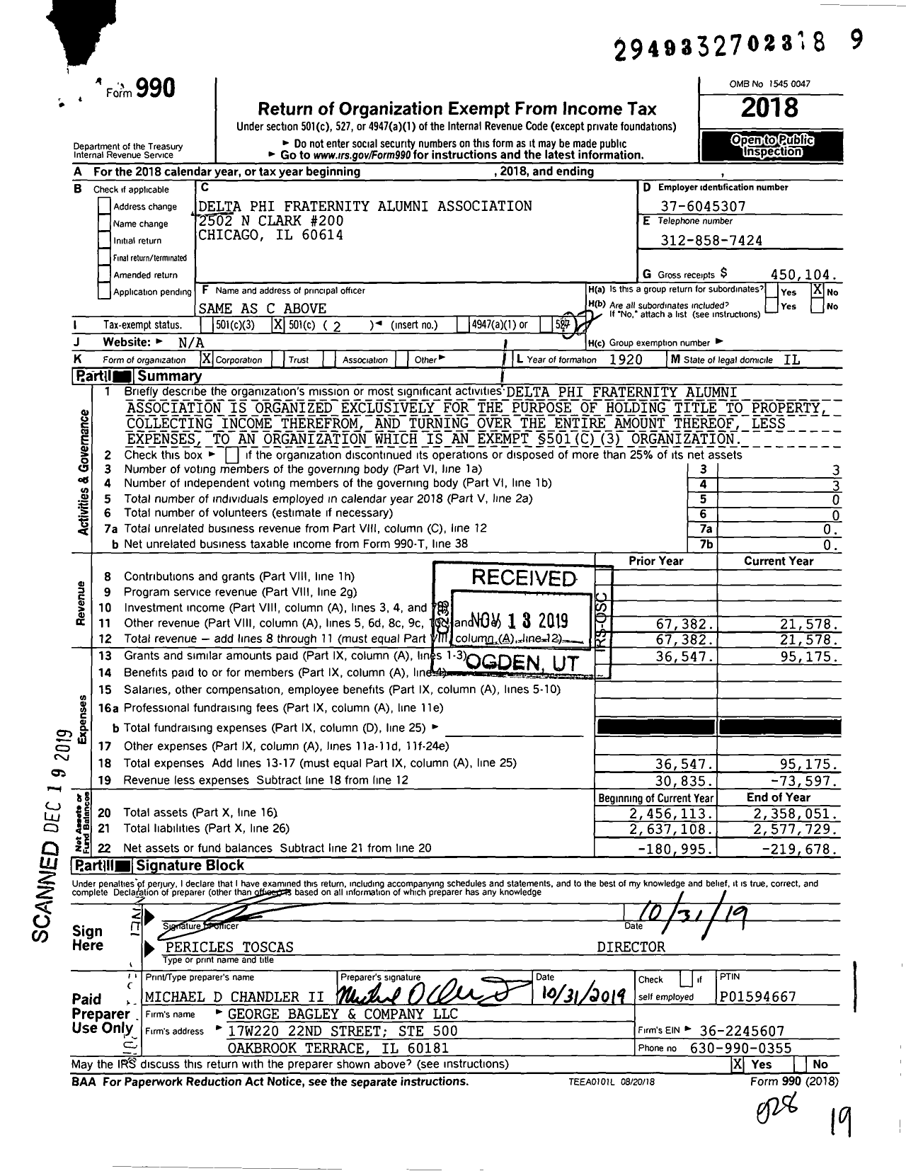 Image of first page of 2018 Form 990O for Delta Phi Fraternity Alumni Association