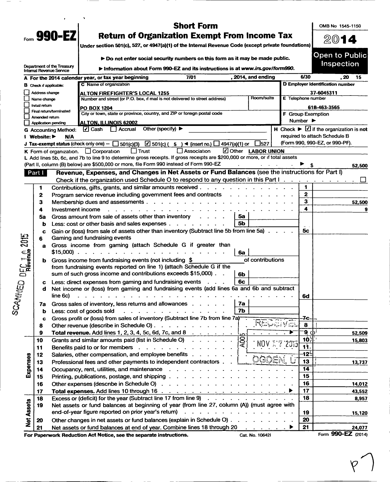 Image of first page of 2014 Form 990EO for International Association of Fire Fighters - L1255 Alton