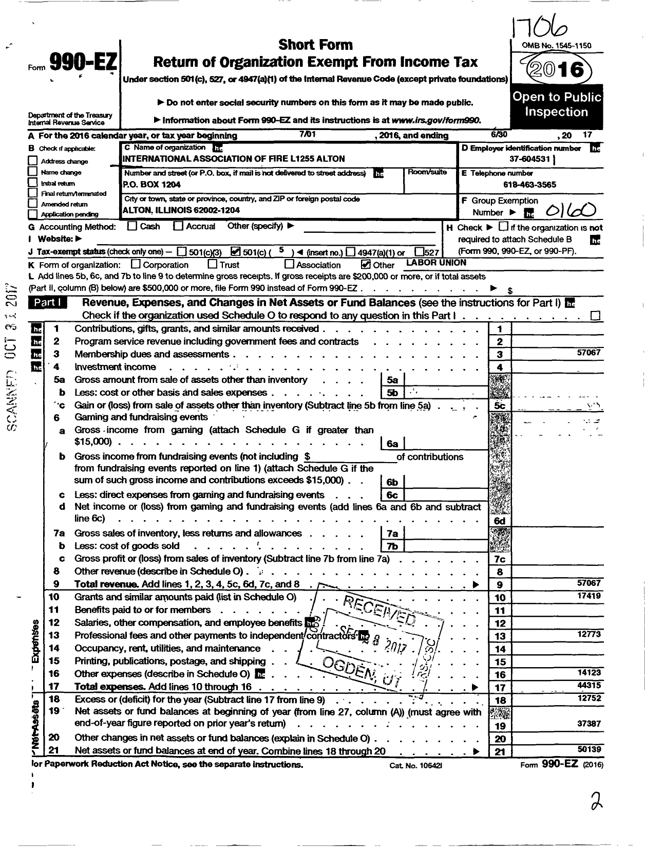 Image of first page of 2016 Form 990EO for International Association of Fire Fighters - L1255 Alton