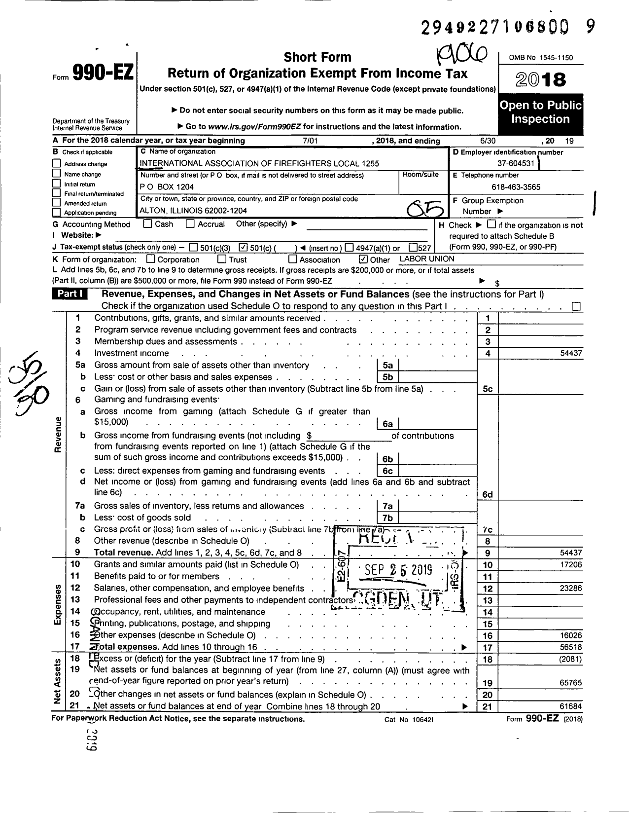 Image of first page of 2018 Form 990EO for International Association of Fire Fighters - L1255 Alton