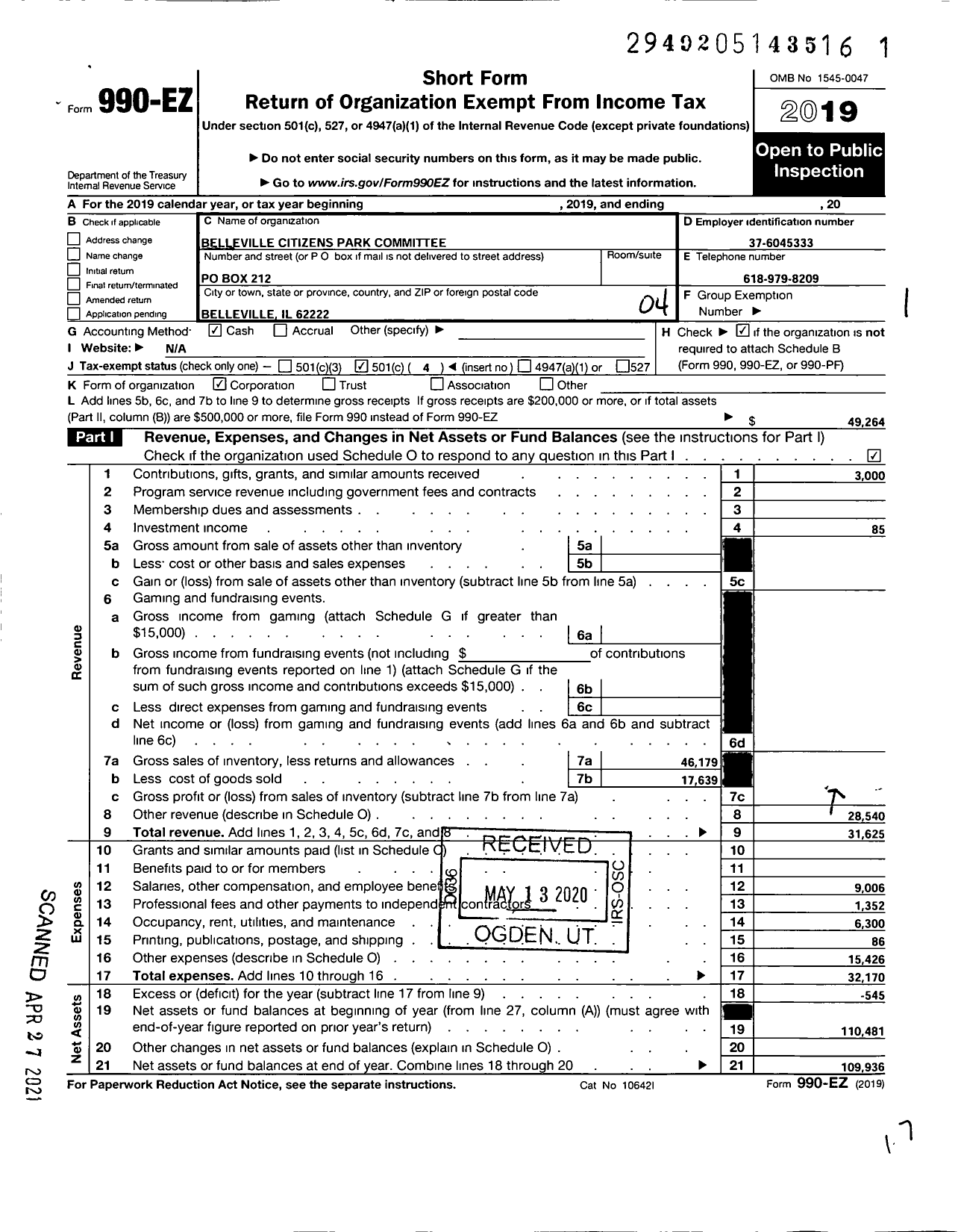 Image of first page of 2019 Form 990EO for Belleville Citizens Park Committee