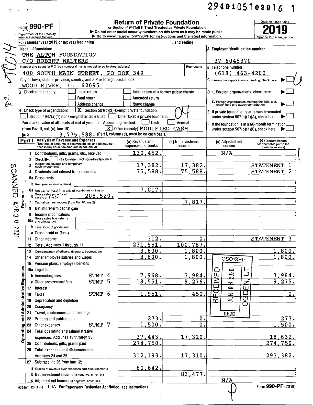 Image of first page of 2019 Form 990PF for The Alton Foundation