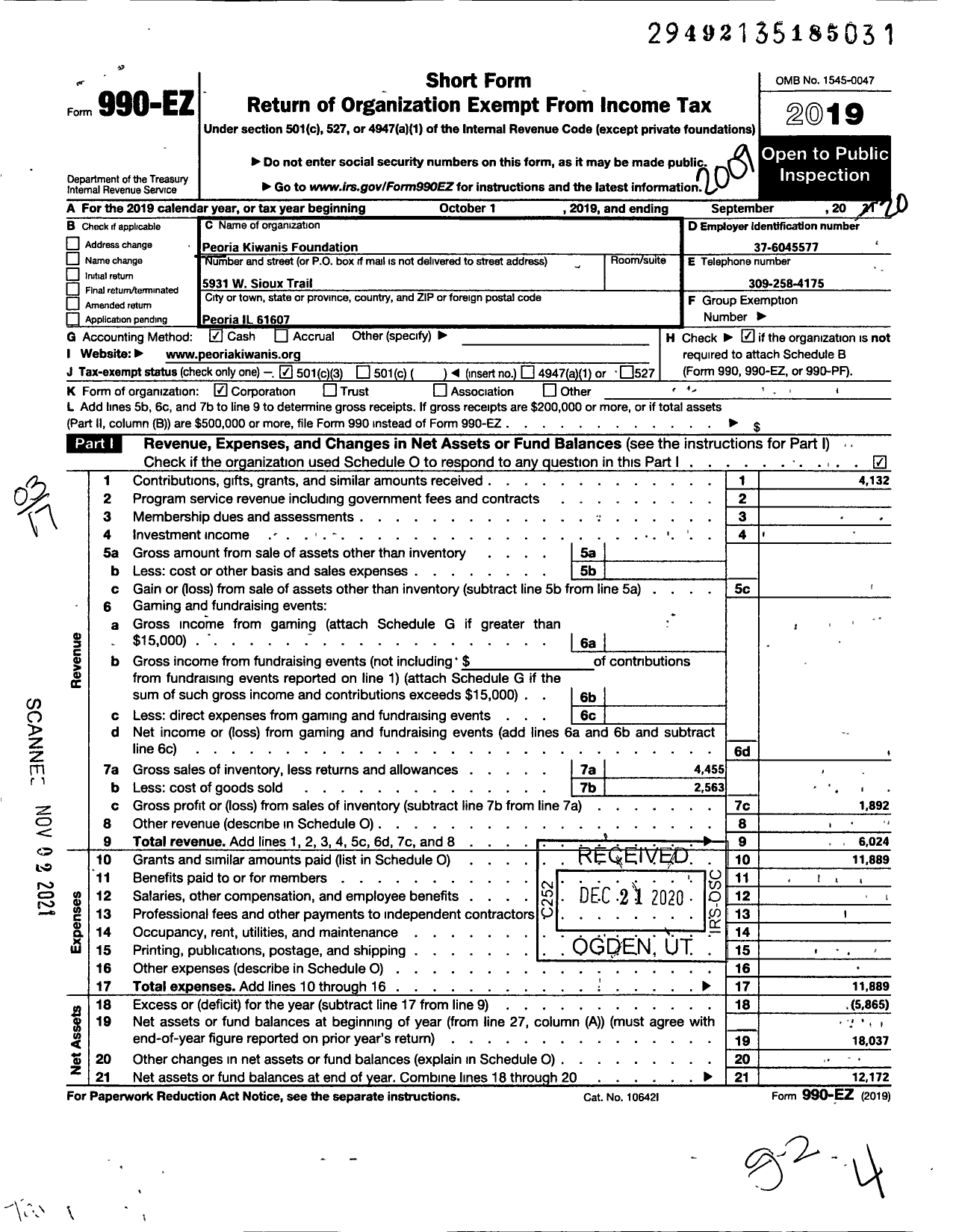Image of first page of 2019 Form 990EZ for Peoria Kiwanis Foundation