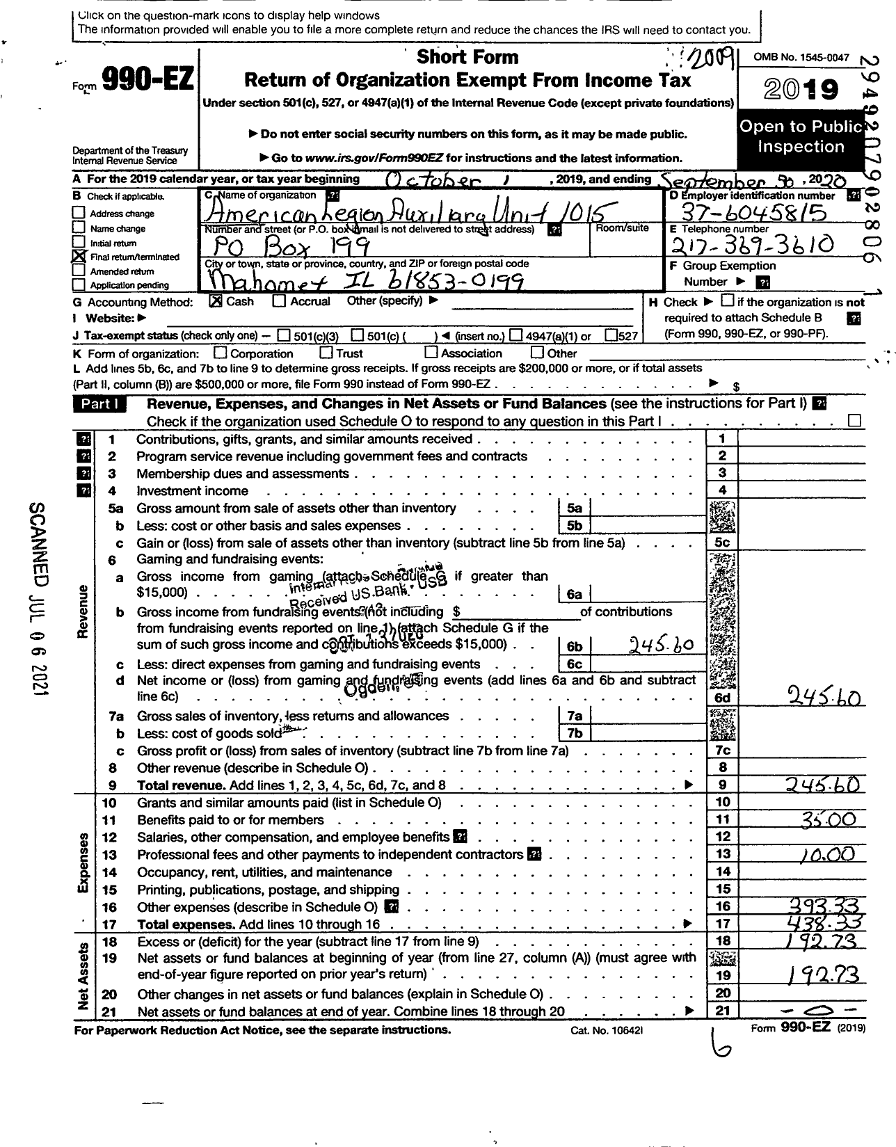Image of first page of 2019 Form 990EO for American Legion Auxiliary Unit 1015