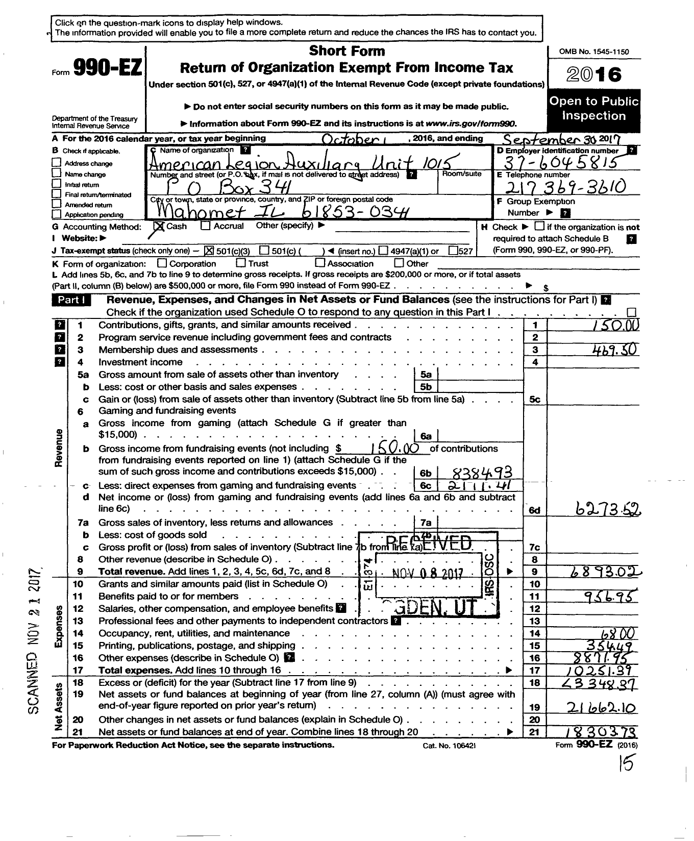 Image of first page of 2016 Form 990EZ for American Legion Auxiliary Unit 1015