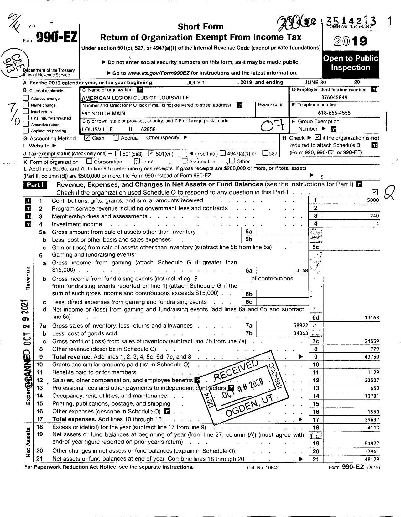 Image of first page of 2019 Form 990EO for American Legion Club of Louisville