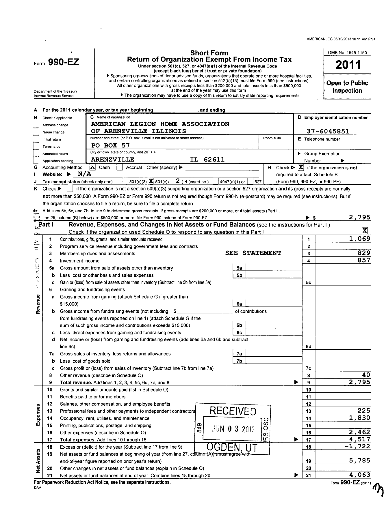 Image of first page of 2011 Form 990EO for American Legion Home Association of Arenzville-604