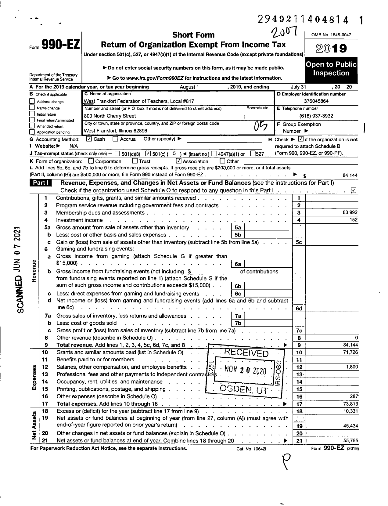 Image of first page of 2019 Form 990EO for West Frankfort Federation of Teachers Local 817