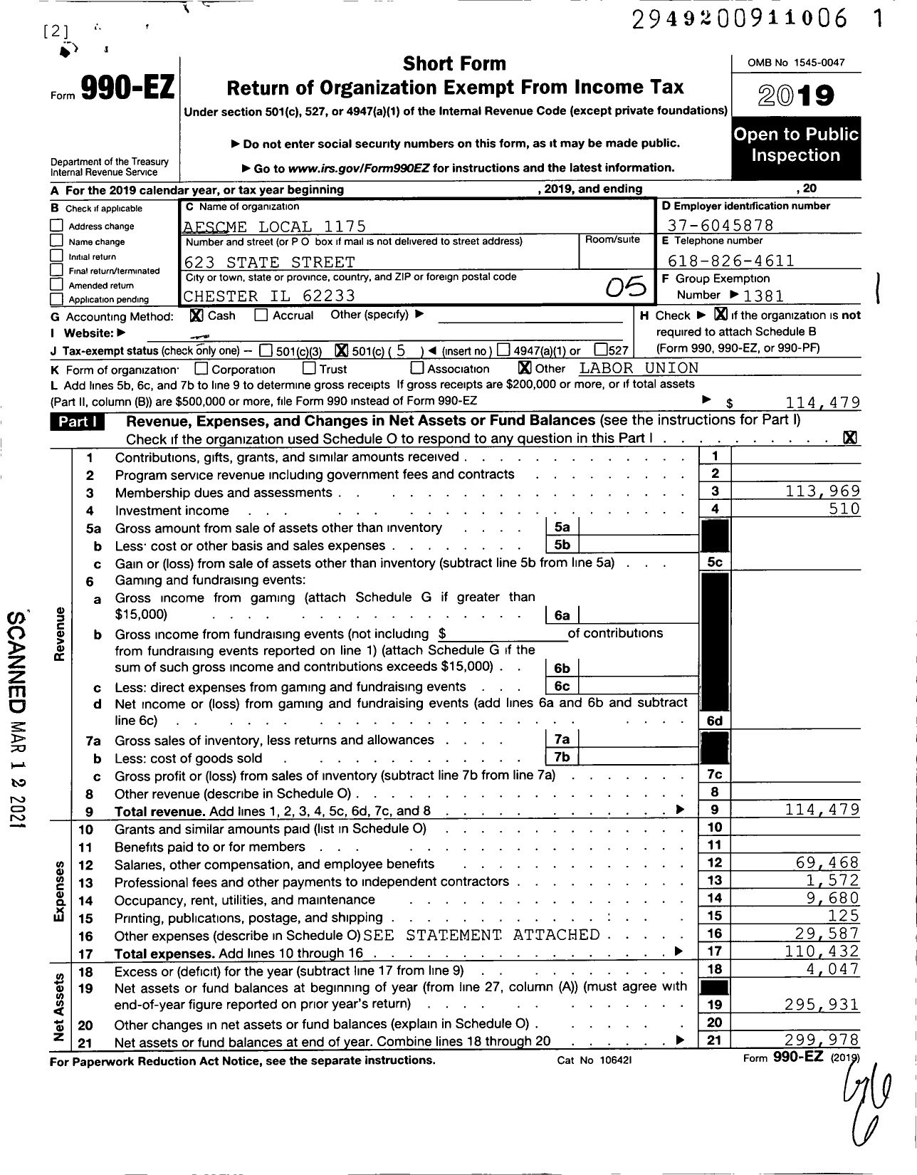 Image of first page of 2019 Form 990EO for American Federation of State County & Municipal Employees - L1175il State Pen Menard Branch Emp