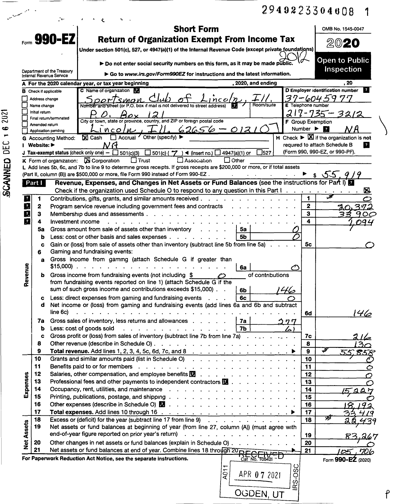 Image of first page of 2020 Form 990EO for Sportsman Club of Lincoln Ill