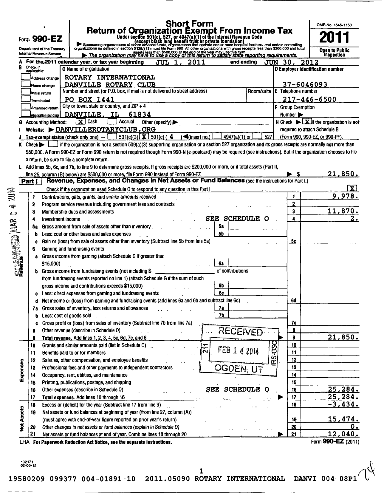 Image of first page of 2011 Form 990EO for Rotary International - Danville Rotary Club