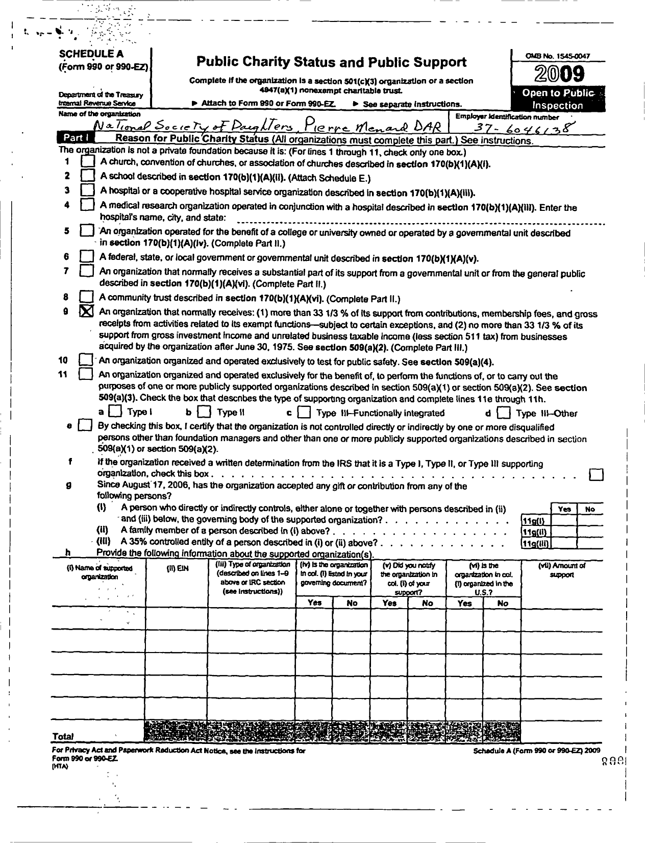 Image of first page of 2009 Form 990ER for Daughters of the American Revolution - Pierre Menard Dar