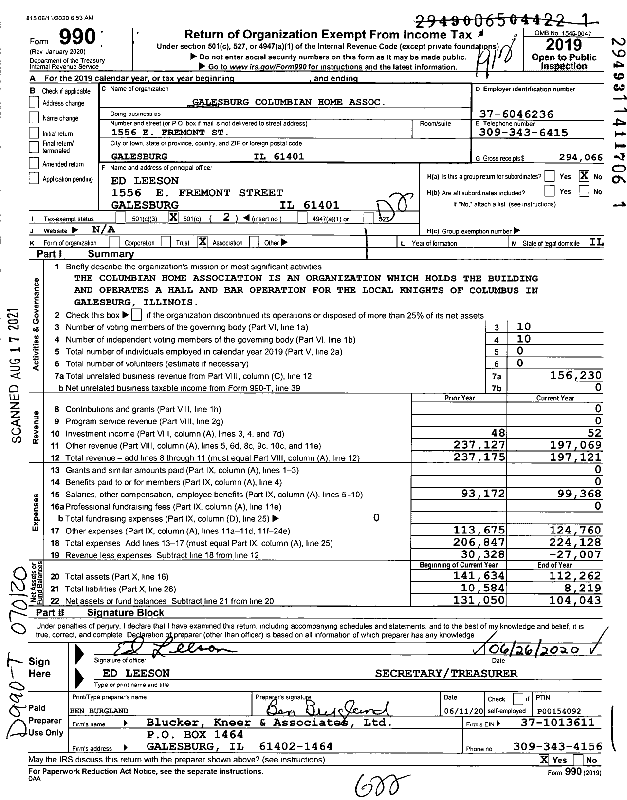 Image of first page of 2019 Form 990O for Galesburg Columbian Home Association