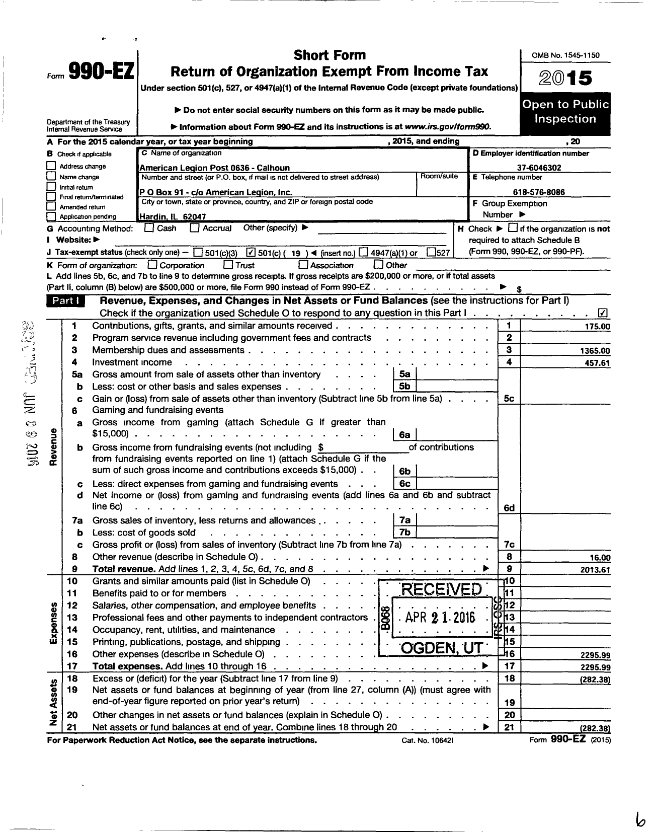 Image of first page of 2015 Form 990EO for American Legion Post 0636 Calhoun