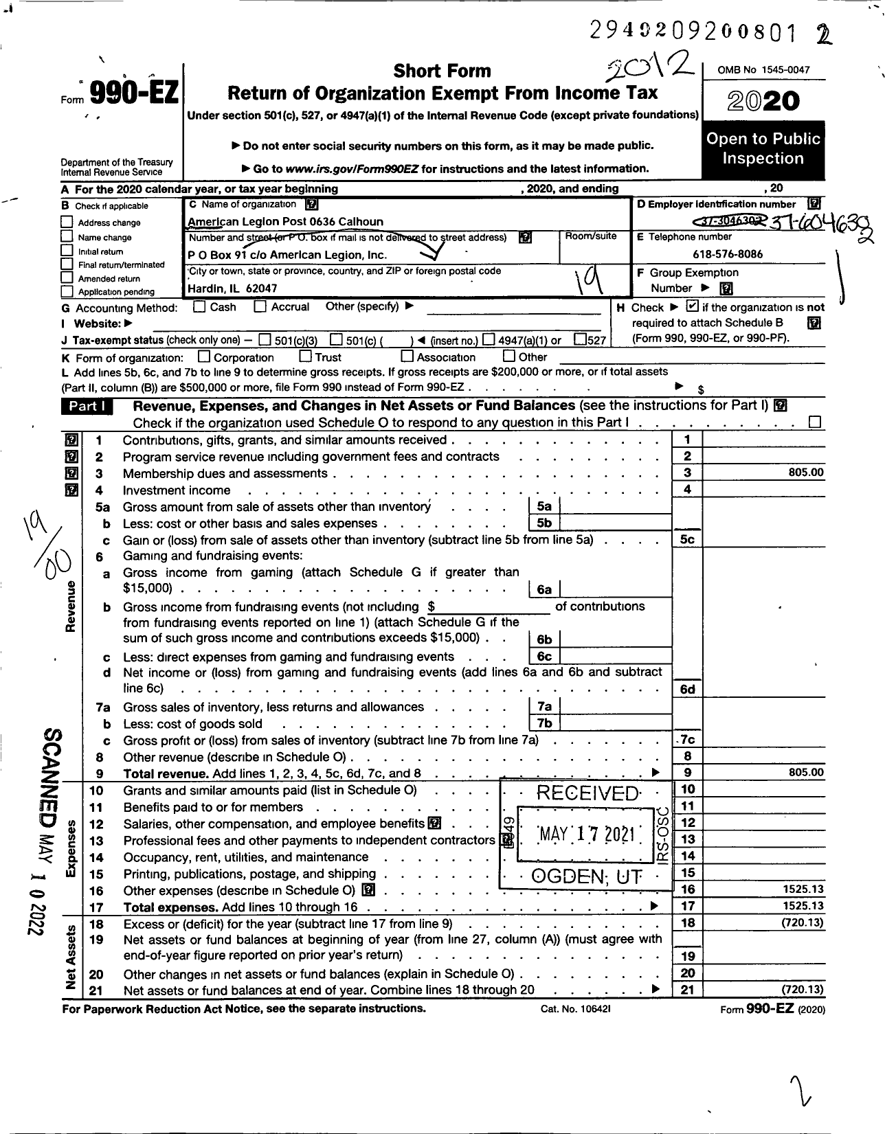 Image of first page of 2020 Form 990EO for American Legion Post 0636 Calhoun