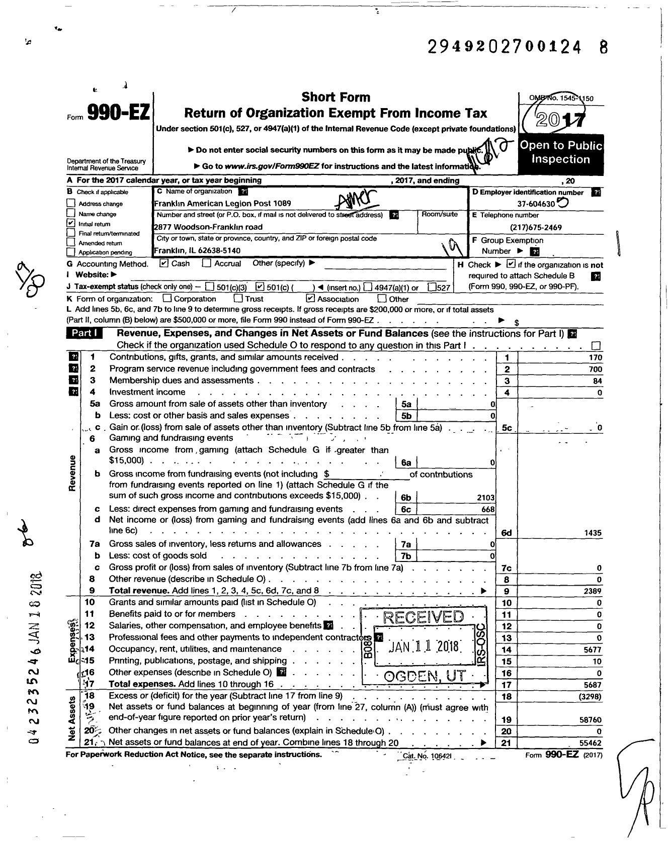 Image of first page of 2017 Form 990EO for American Legion - 1089 Franklin Post