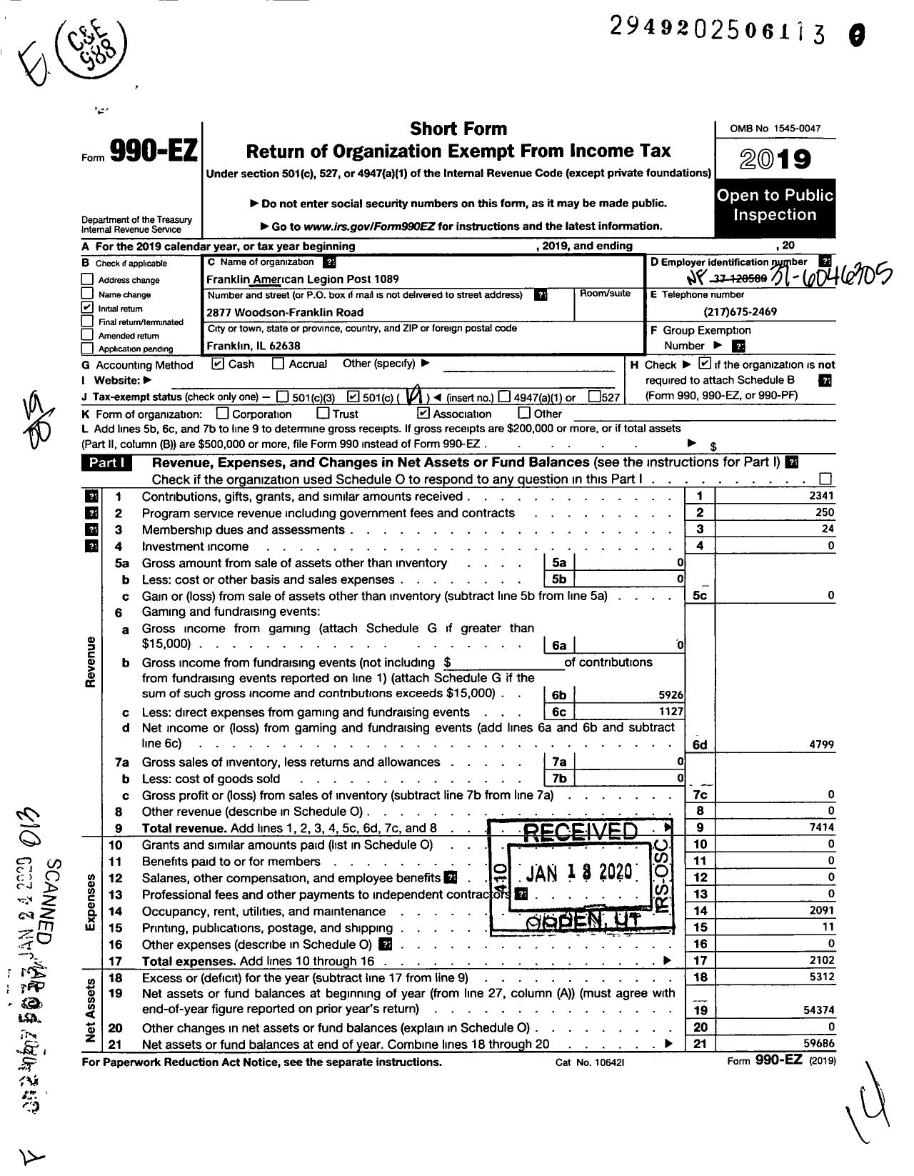 Image of first page of 2019 Form 990EO for American Legion - 1089 Franklin Post