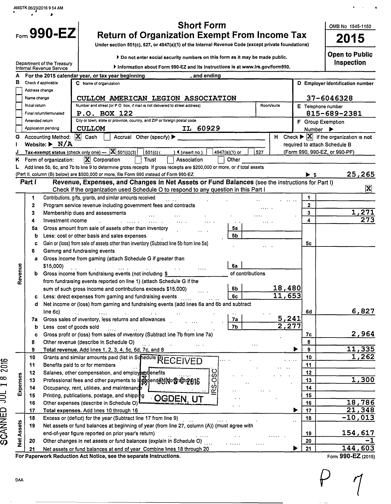 Image of first page of 2015 Form 990EZ for American Legion - 0122 Skinner-Trost