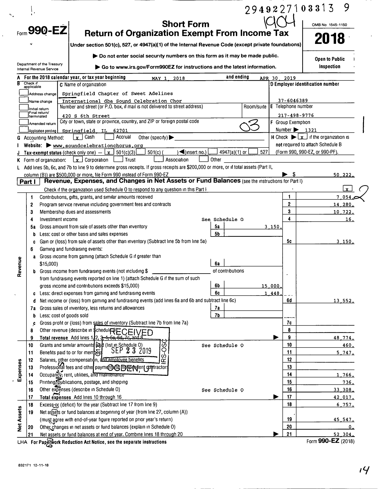 Image of first page of 2018 Form 990EZ for Springfield Chapter of Sweet Adelines International