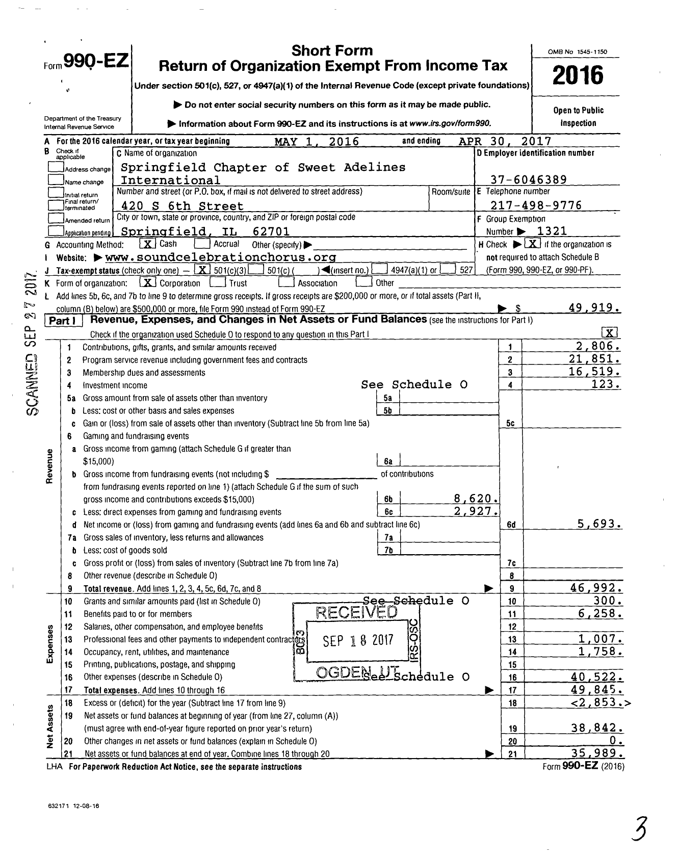 Image of first page of 2016 Form 990EZ for Springfield Chapter of Sweet Adelines International