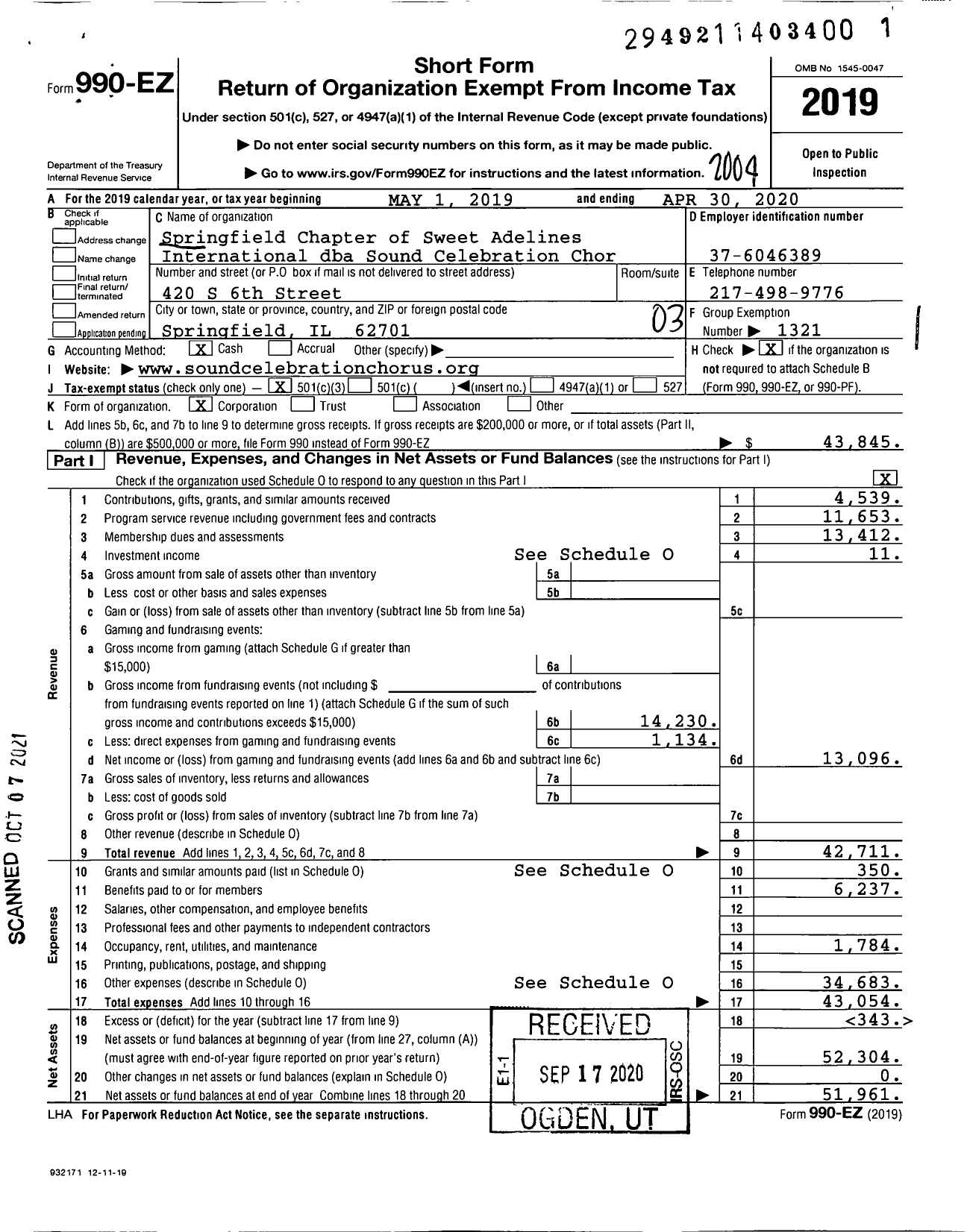 Image of first page of 2019 Form 990EZ for Springfield Chapter of Sweet Adelines International