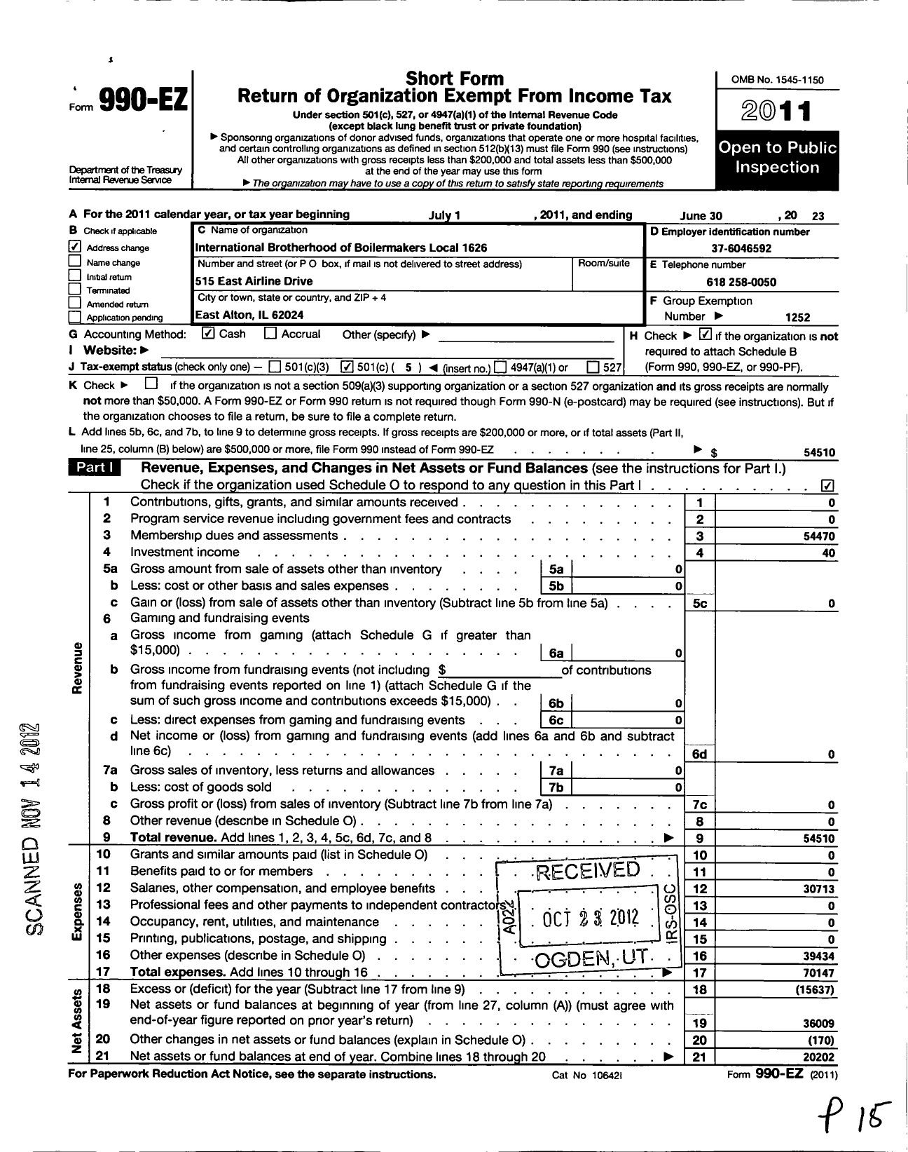 Image of first page of 2011 Form 990EO for International Brotherhood of Boilermakers - 1626 Lodge