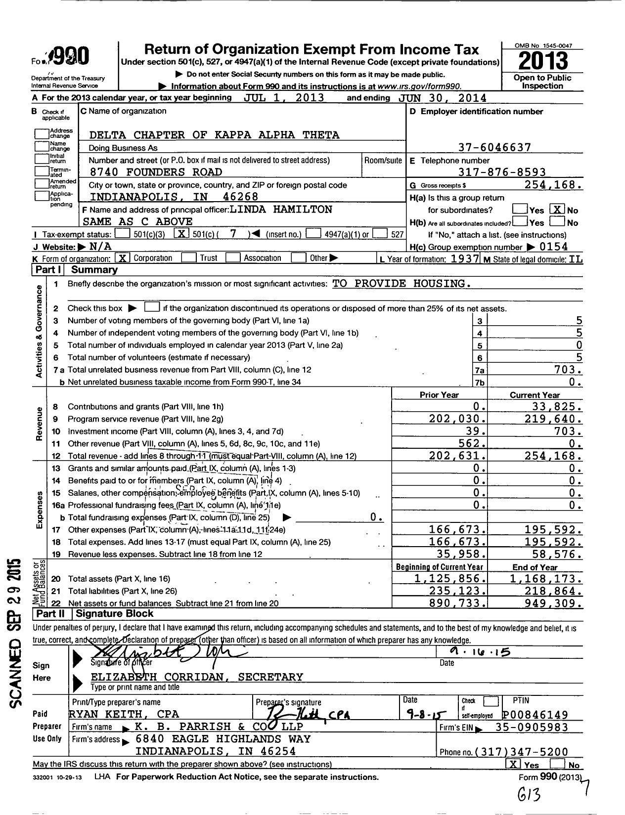 Image of first page of 2013 Form 990O for Delta Chapter of Kappa Alpha Theta