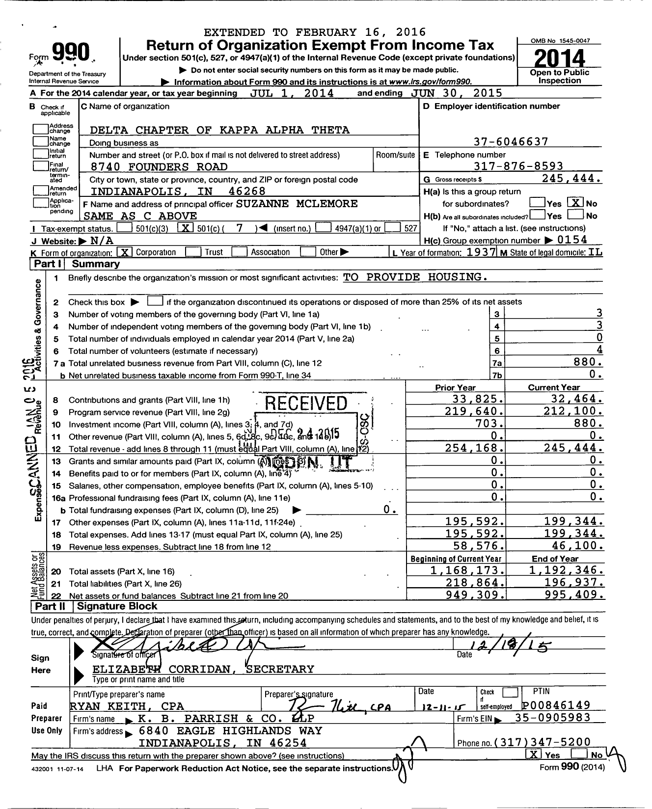 Image of first page of 2014 Form 990O for Delta Chapter of Kappa Alpha Theta