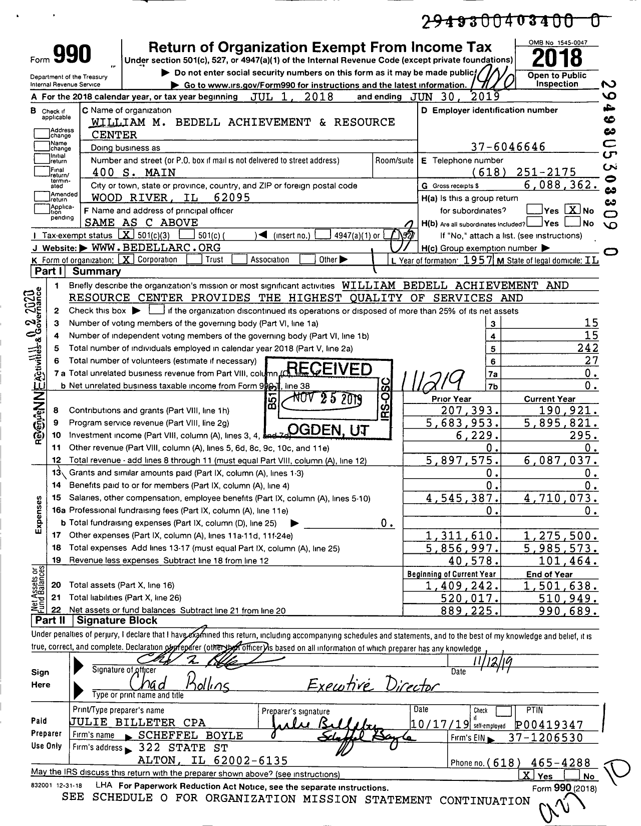 Image of first page of 2018 Form 990 for William M Bedell Achievement and Resource Center