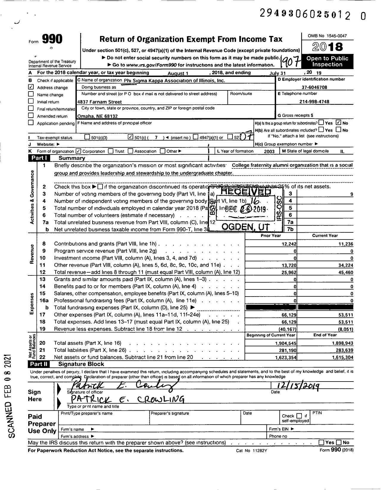 Image of first page of 2018 Form 990O for Phi Sigma Kappa Association of Illinois