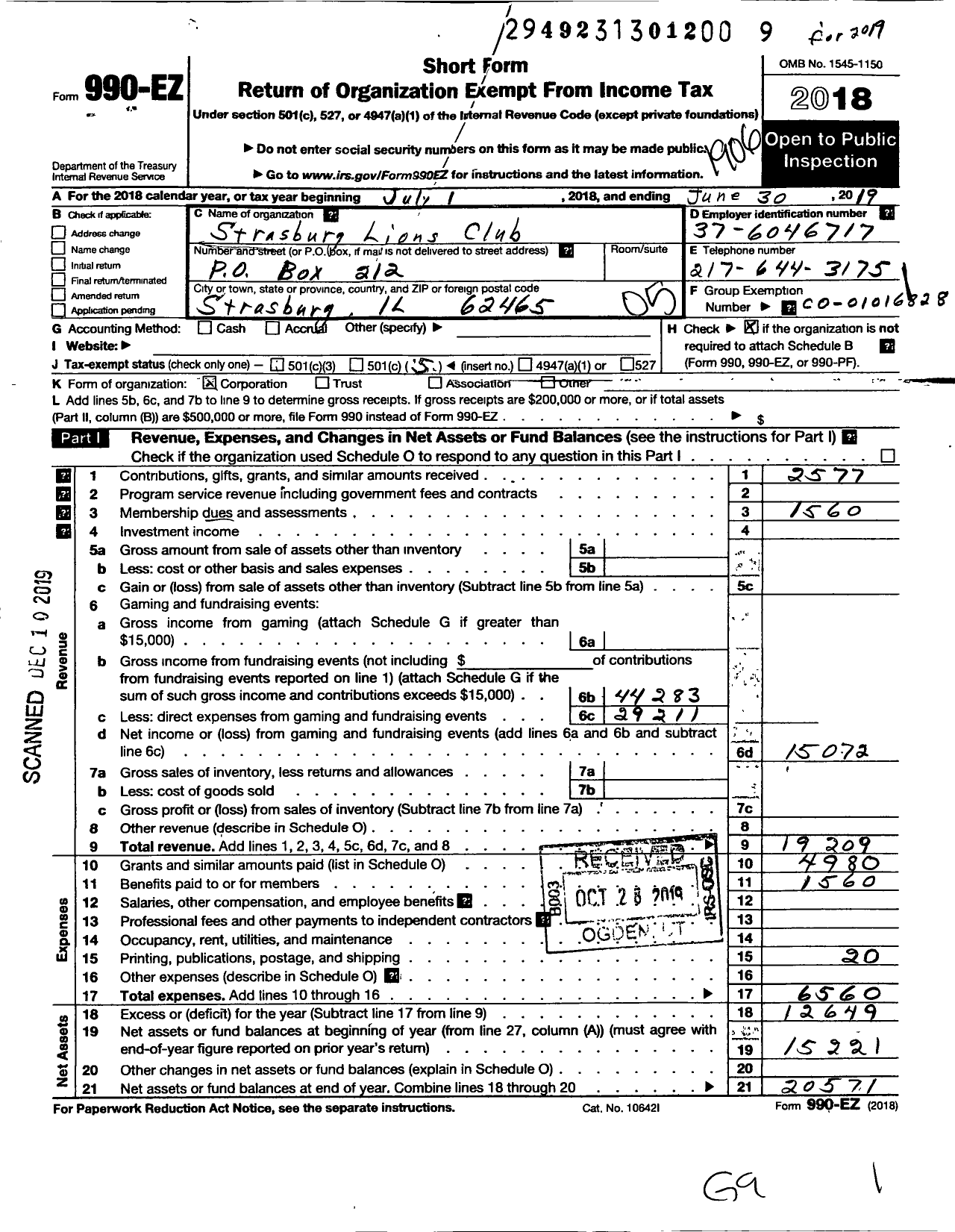 Image of first page of 2018 Form 990EO for Lions Clubs - 348 Strasburg