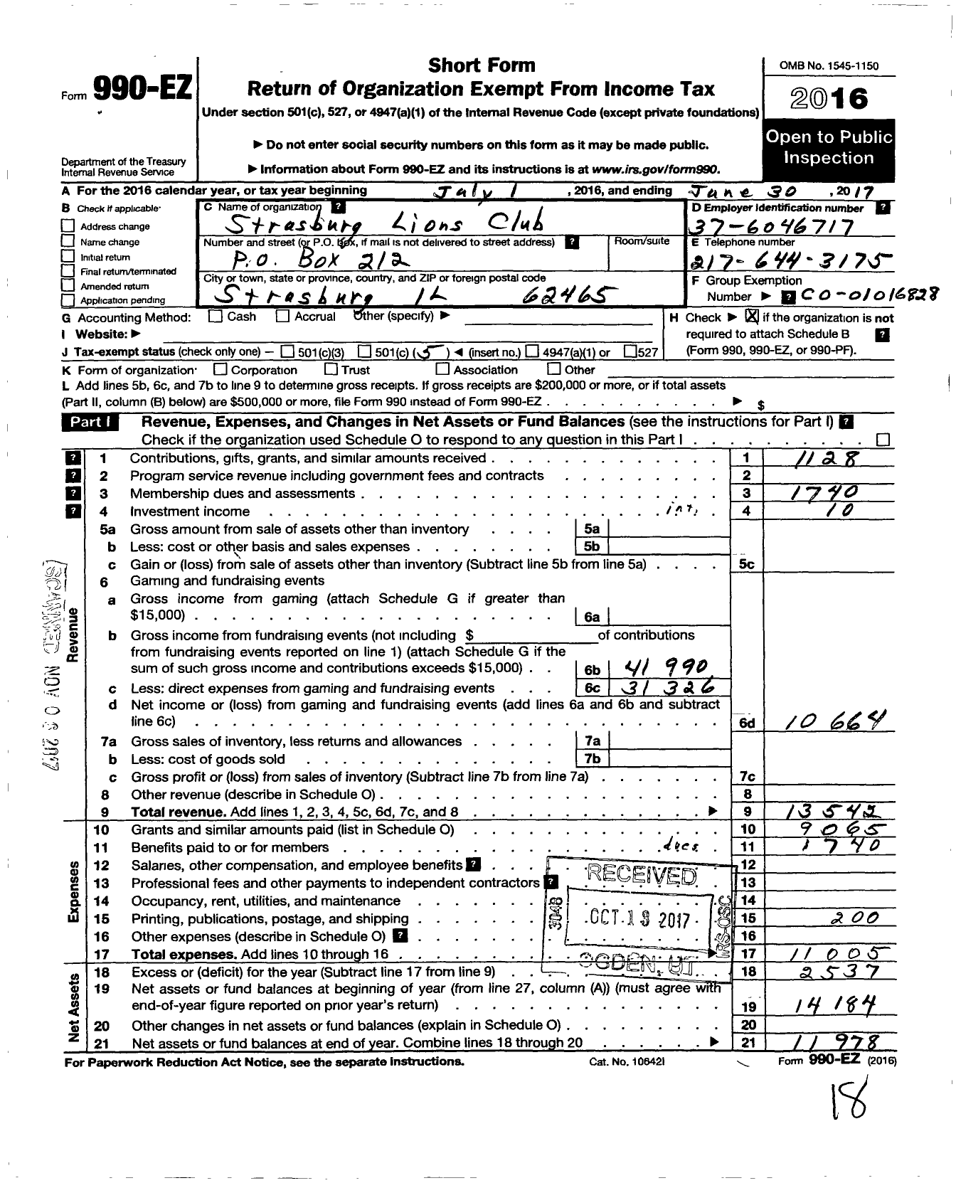 Image of first page of 2016 Form 990EO for Lions Clubs - 348 Strasburg