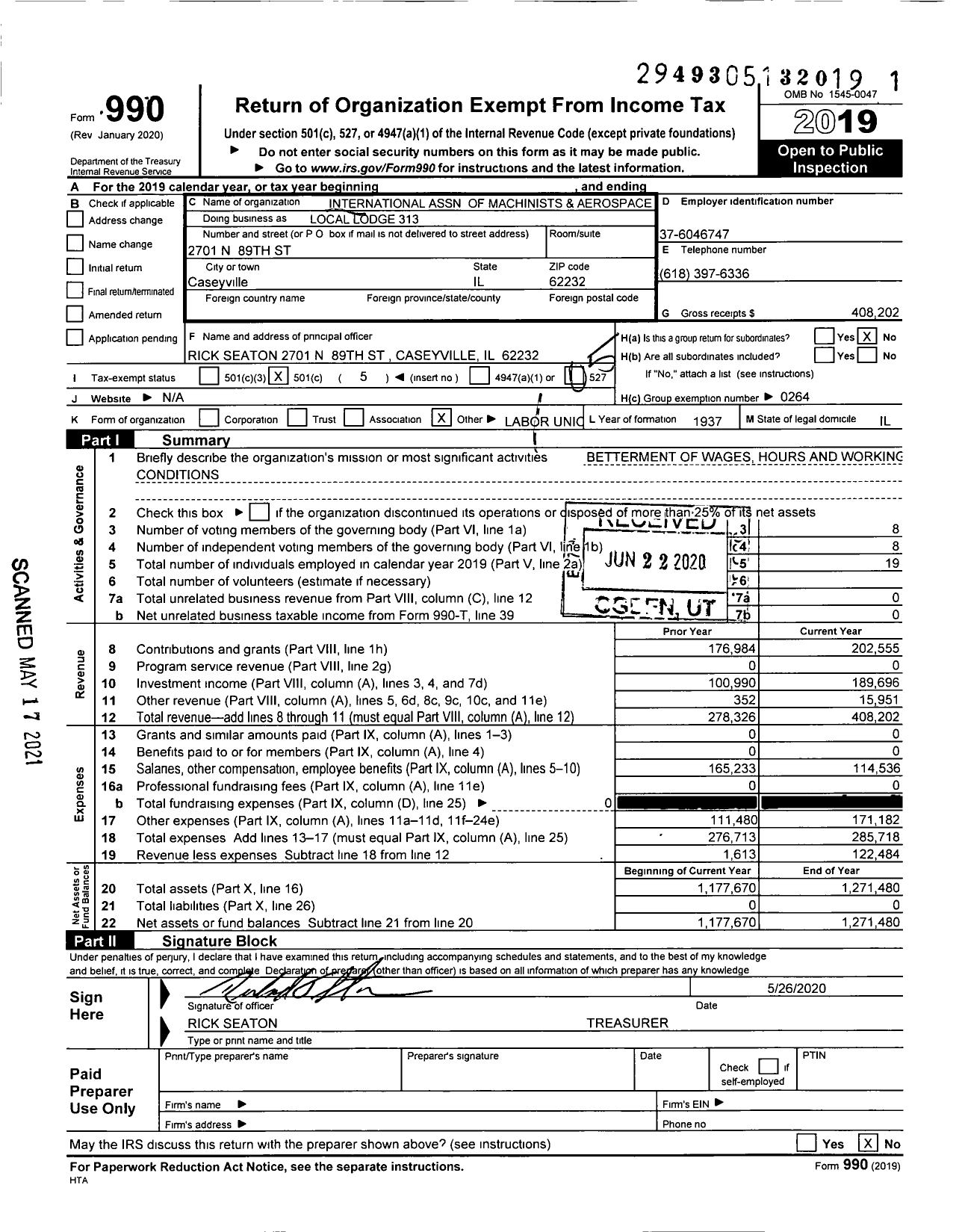 Image of first page of 2019 Form 990O for International Association of Machinists and Aerospace Workers - Metro East Automotive Lodge 313