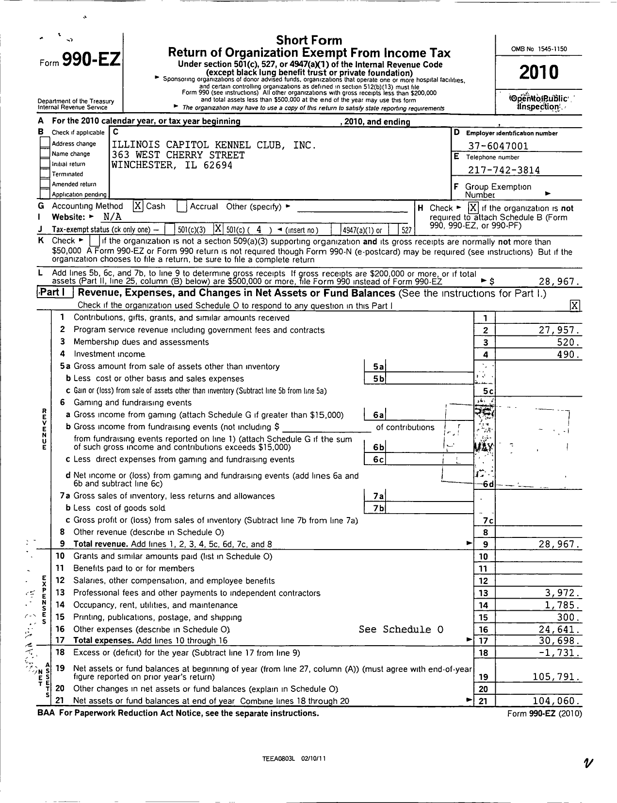 Image of first page of 2010 Form 990EO for Illinois Capitol Kennel Club