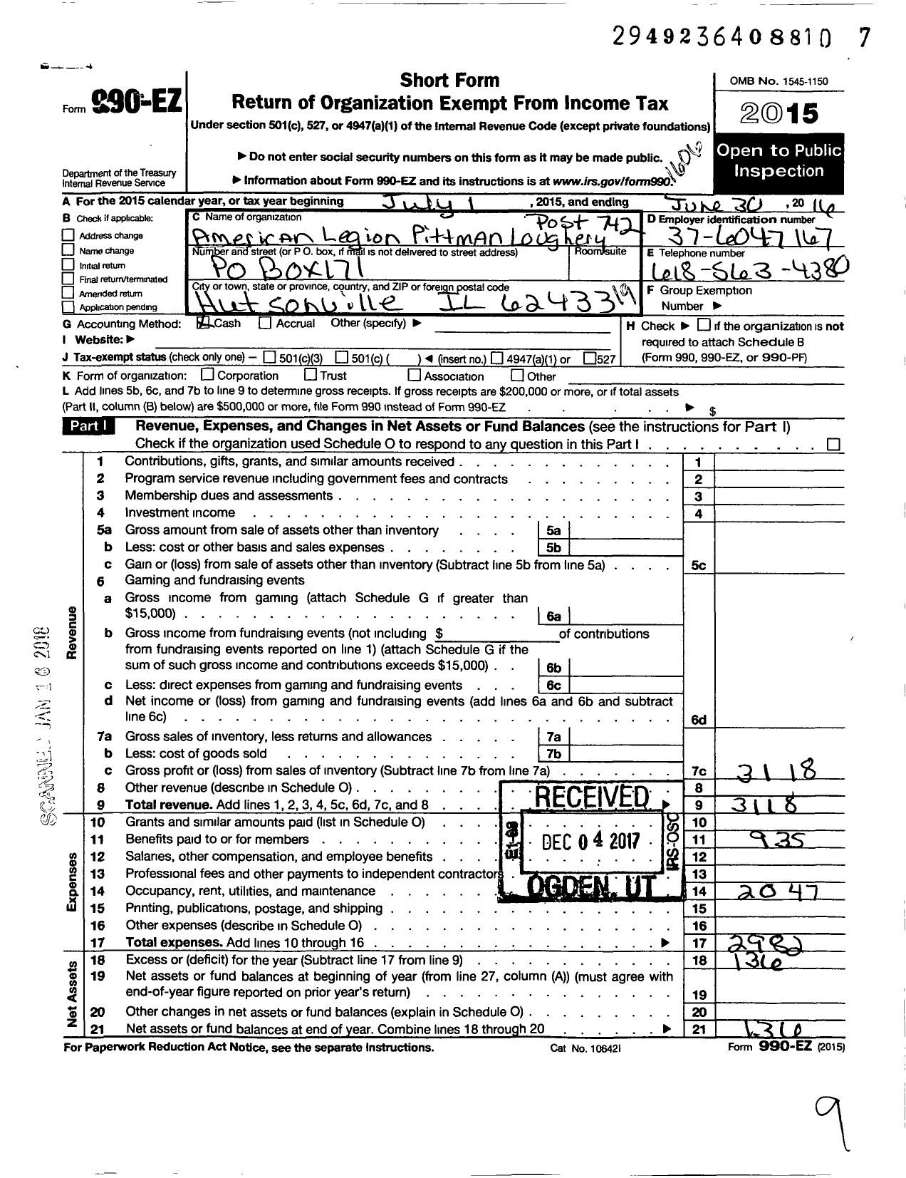 Image of first page of 2015 Form 990EO for American Legion - 742 Pittman Loughery Post