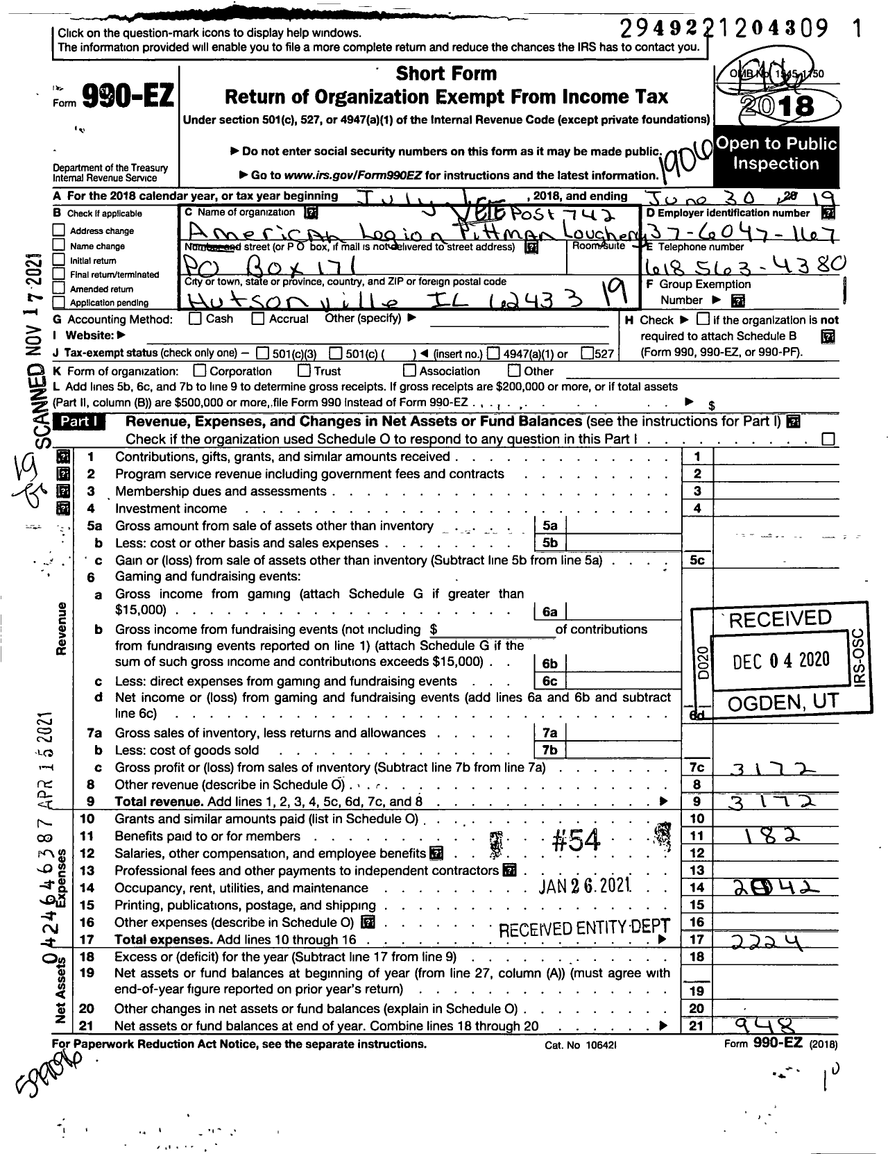 Image of first page of 2018 Form 990EO for American Legion - 742 Pittman Loughery Post