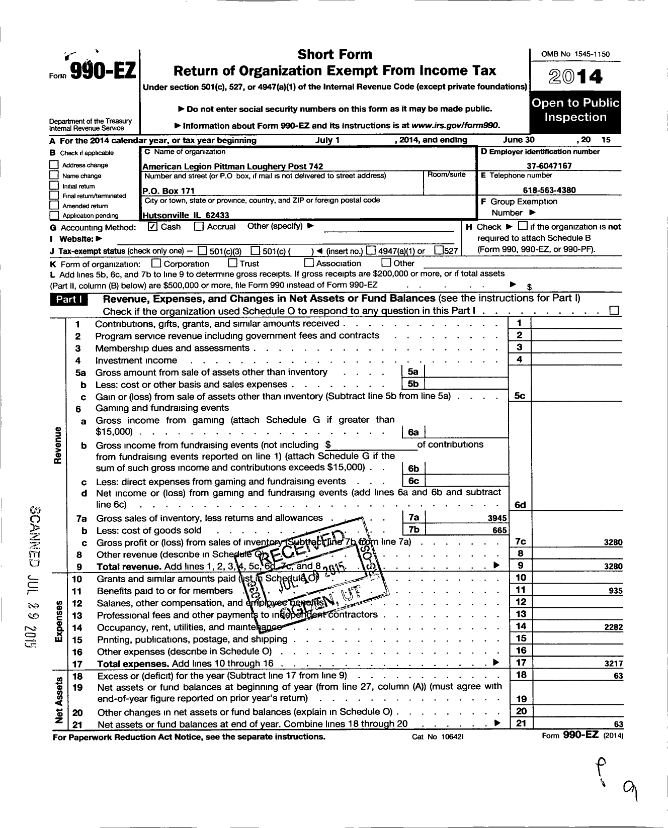 Image of first page of 2014 Form 990EO for American Legion - 742 Pittman Loughery Post