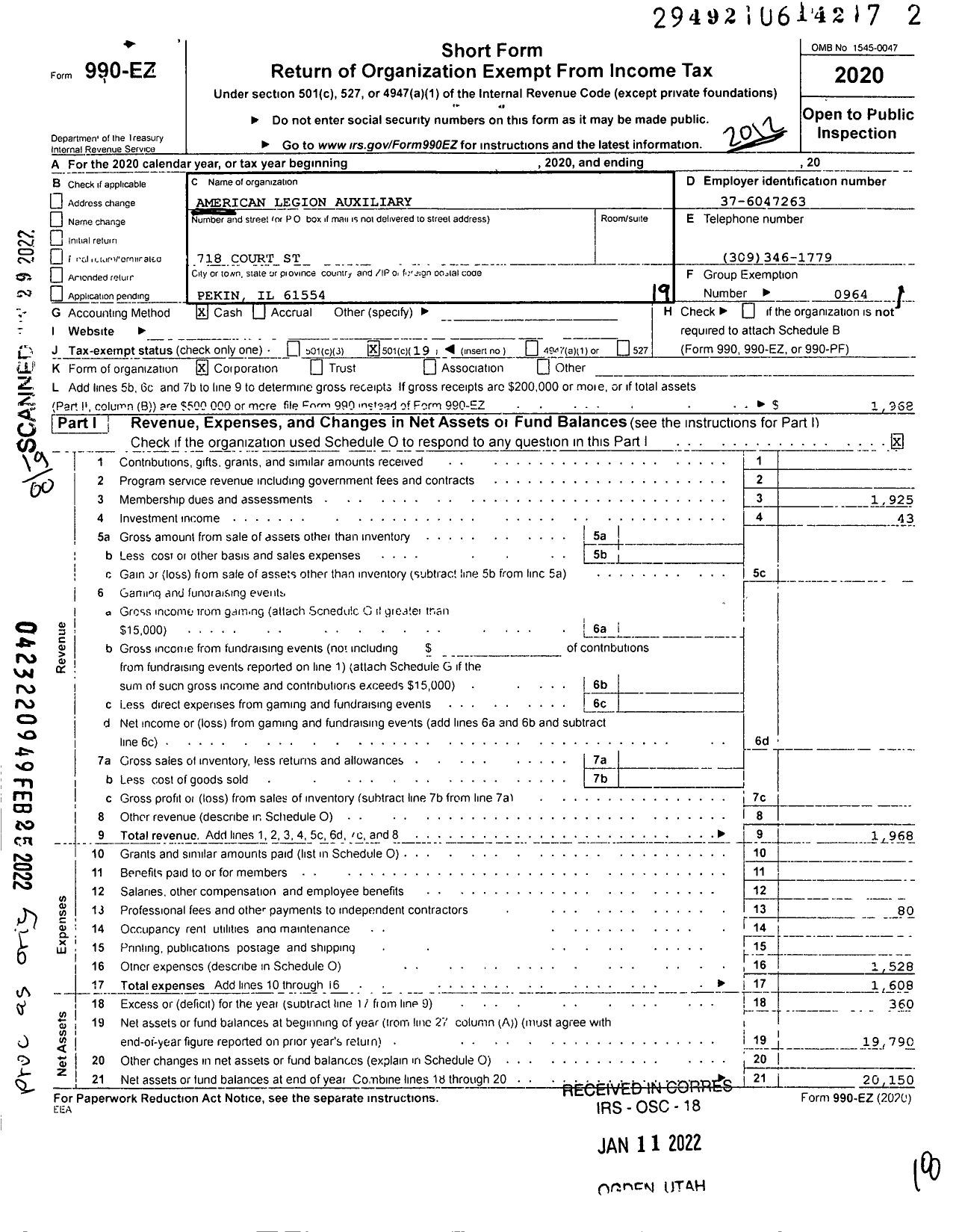 Image of first page of 2020 Form 990EO for American Legion Auxiliary - 44 William Schaefer