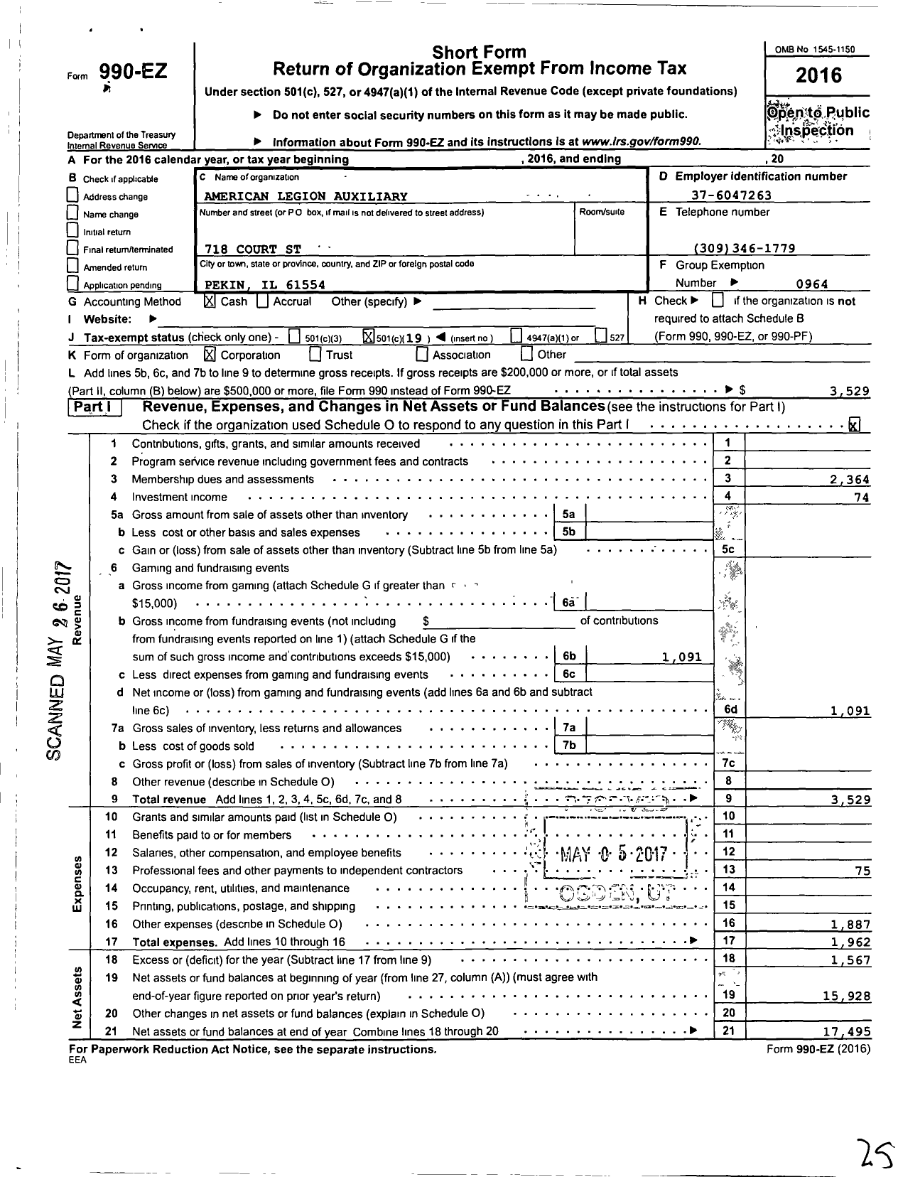 Image of first page of 2016 Form 990EO for American Legion Auxiliary - 44 William Schaefer