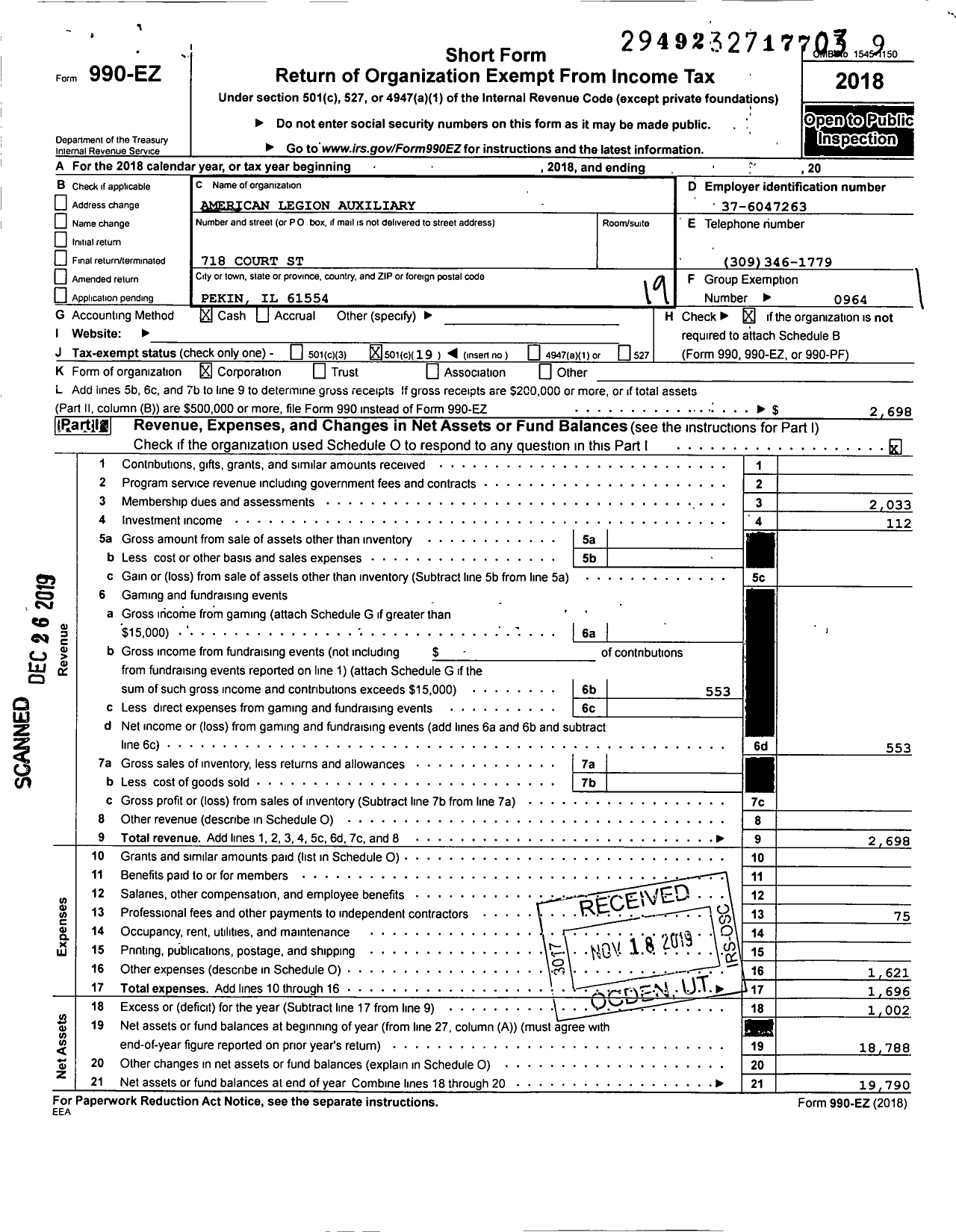 Image of first page of 2018 Form 990EO for American Legion Auxiliary - 44 William Schaefer